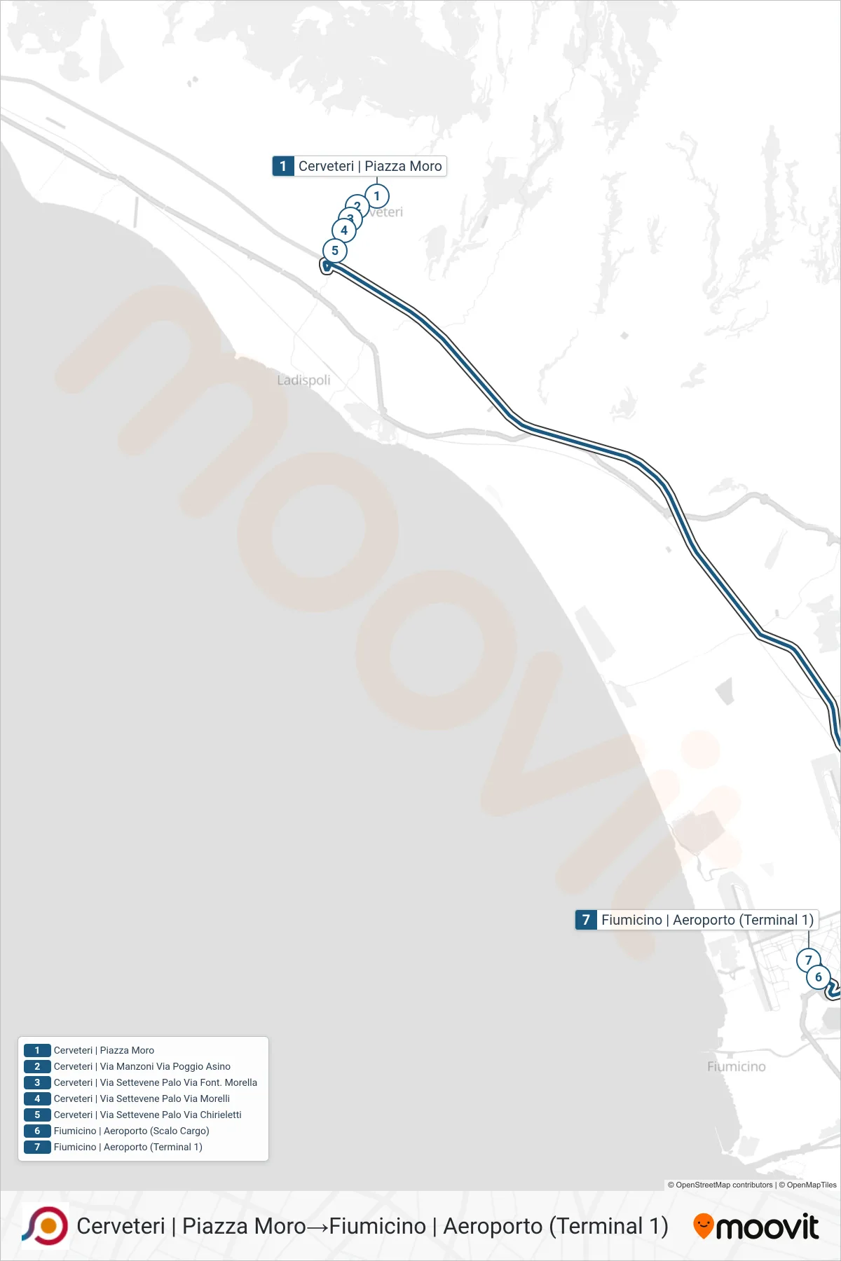 Linea COTRAL bus (Cerveteri | Piazza Moro→Fiumicino | Aeroporto (Terminal 1)) - Percorsi e fermate sulla mappa