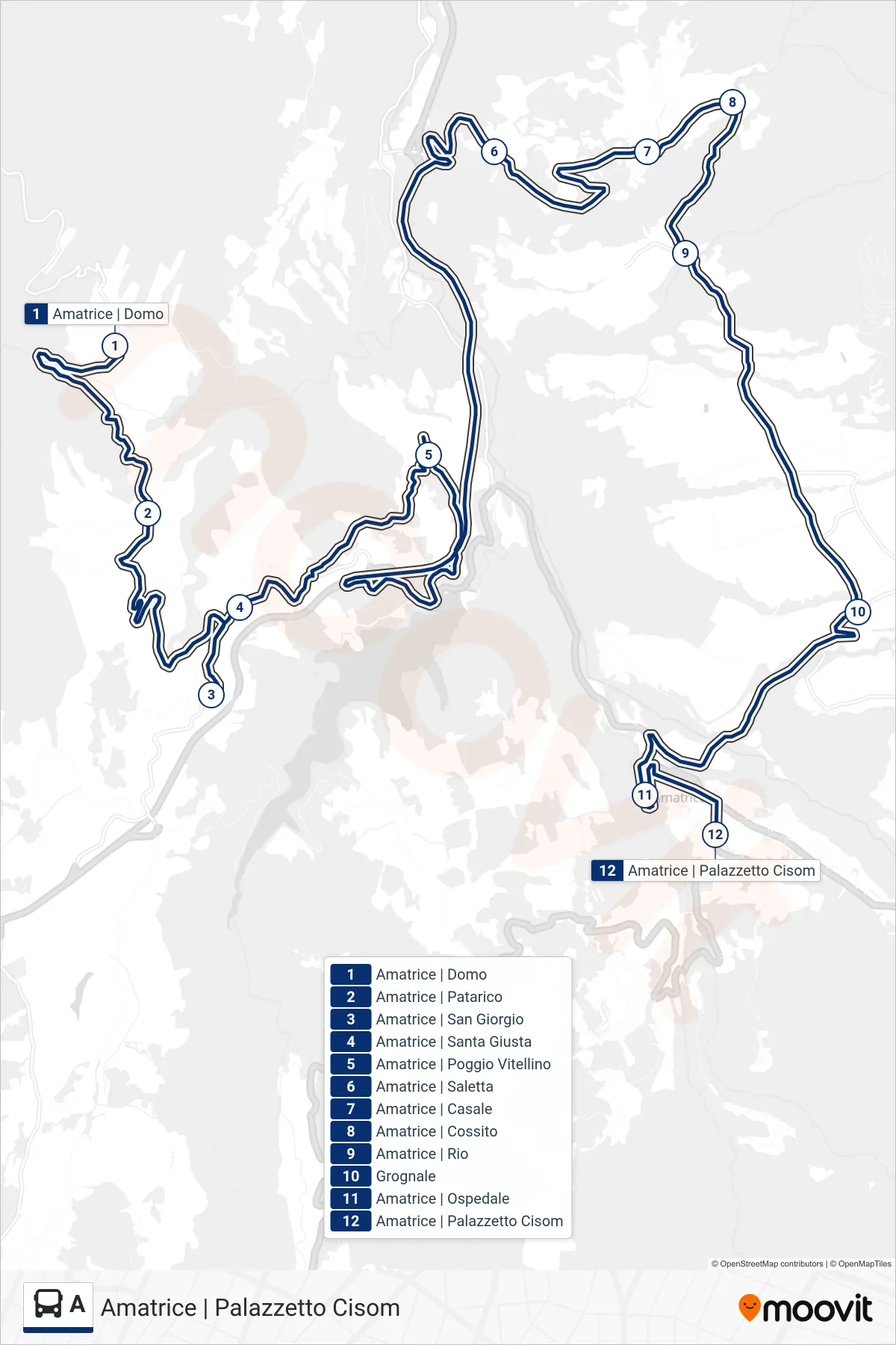 A bus Line (Amatrice | Cisom Sports Hall) route and stops on a map