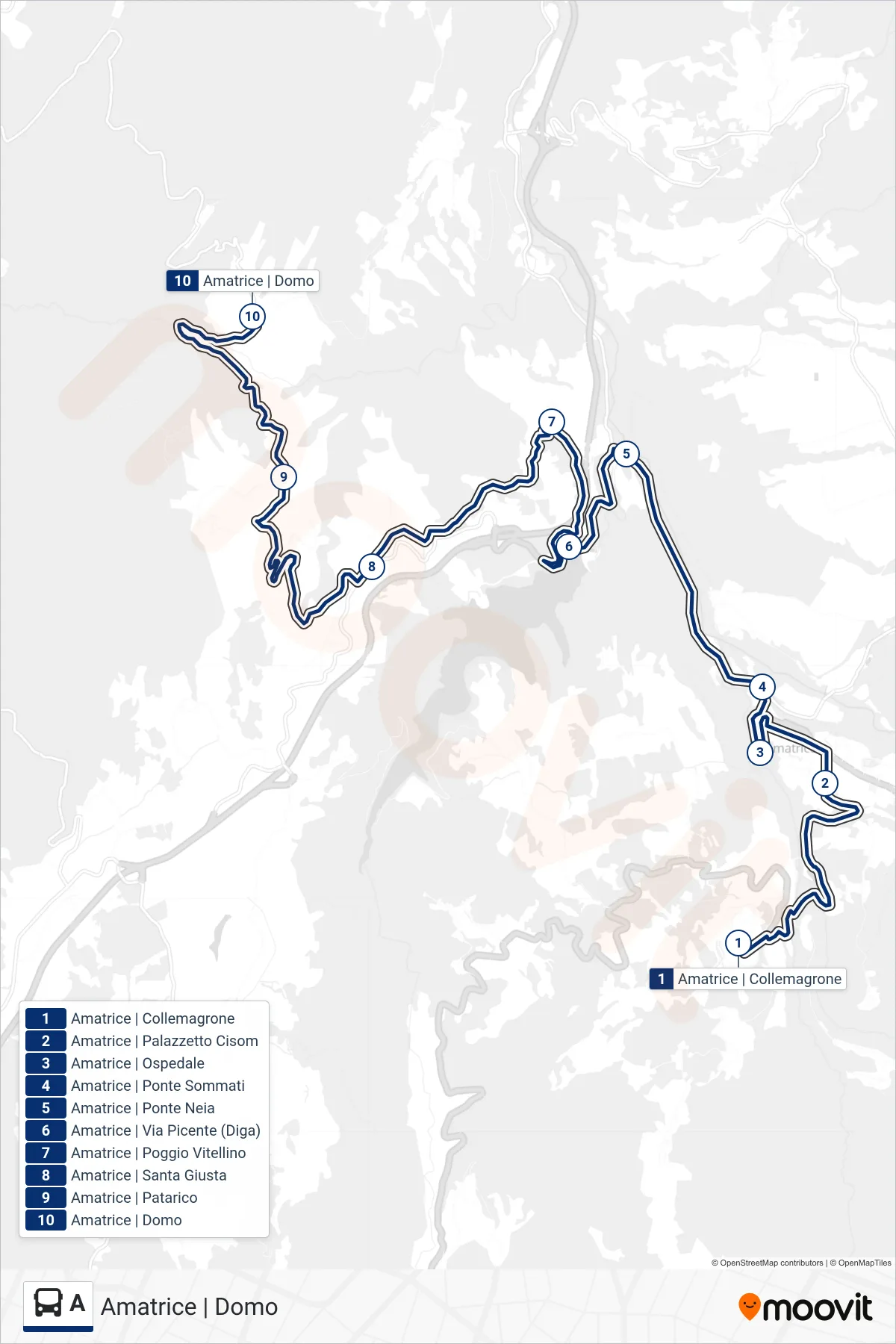 A bus Line (Amatrice | Domo) route and stops on a map