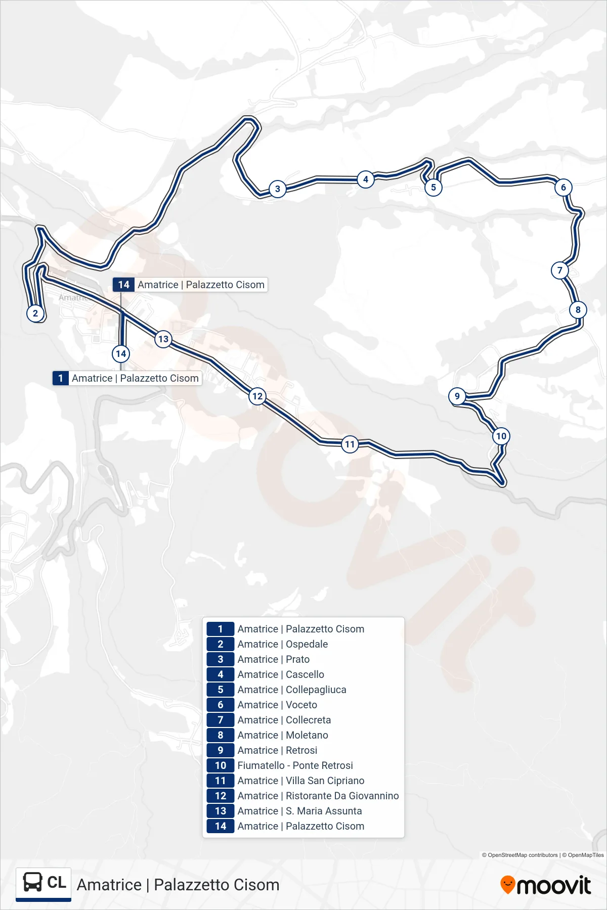 Linea CL bus (Amatrice | Palazzetto Cisom) - Percorsi e fermate sulla mappa