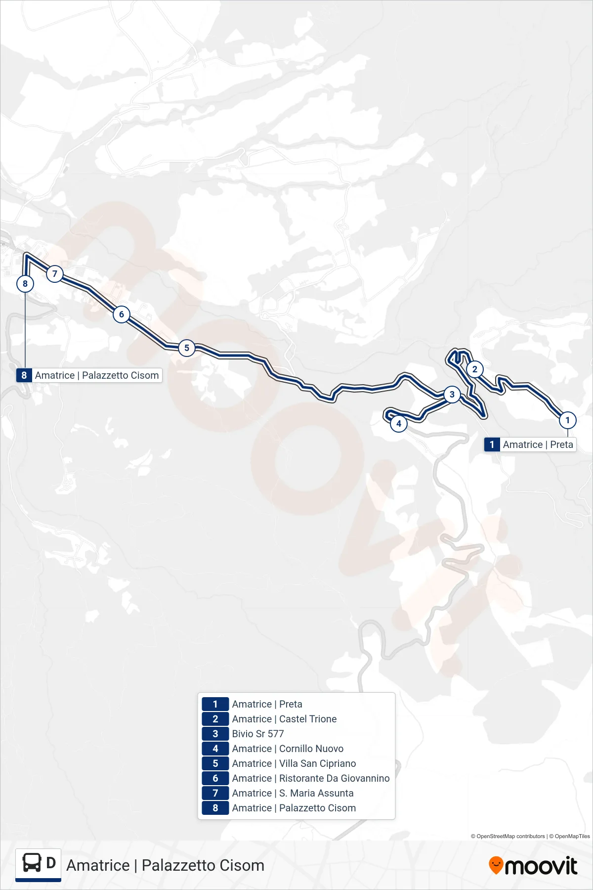 Linea D bus (Amatrice | Palazzetto Cisom) - Percorsi e fermate sulla mappa