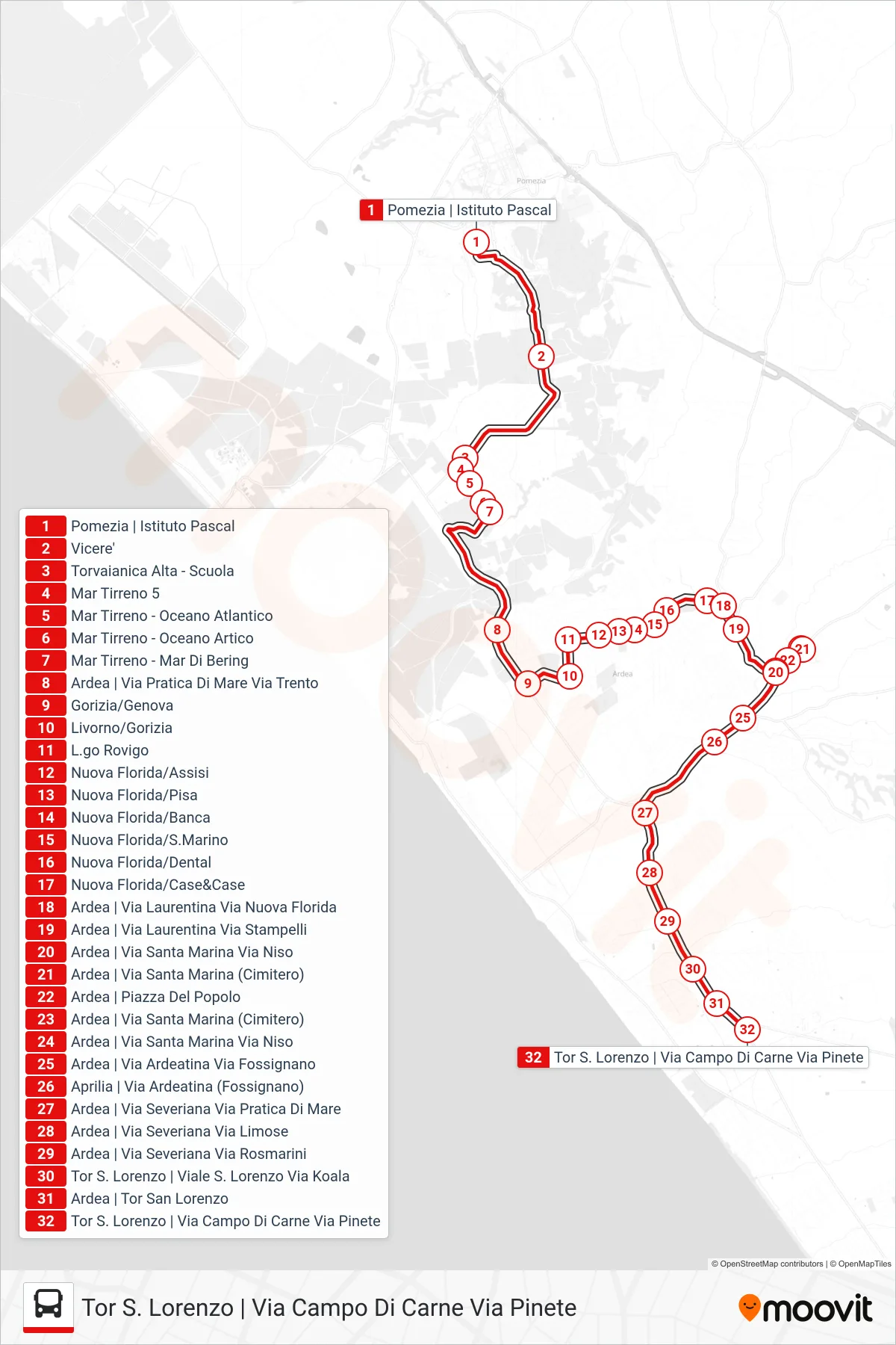 PO5 SCOL bus Line (Tor San Lorenzo via Campo Di Carne via Pinete) route and stops on a map