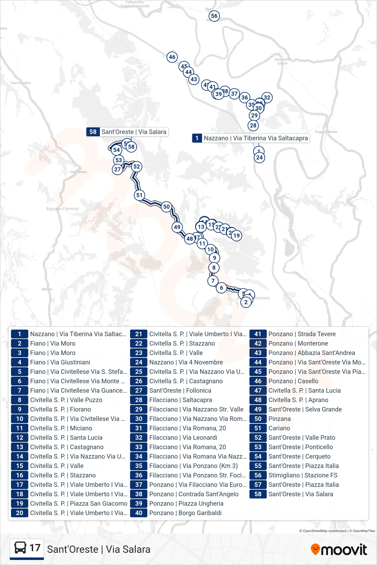 Linea 17 bus (Sant'Oreste | Via Salara) - Percorsi e fermate sulla mappa
