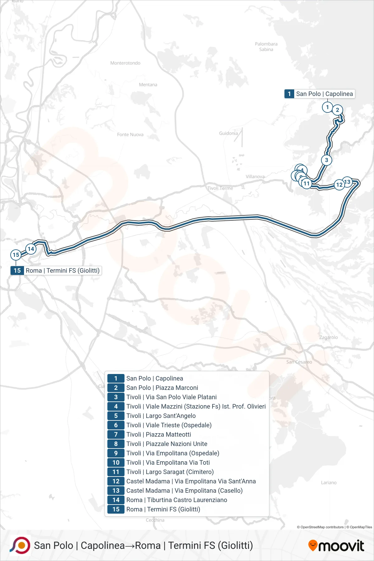 Linea COTRAL bus (San Polo | Capolinea→Roma | Termini FS (Giolitti)) - Percorsi e fermate sulla mappa