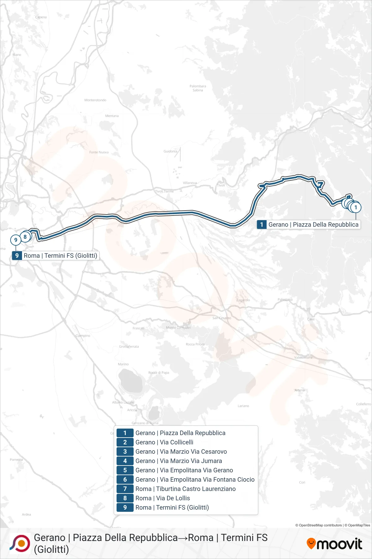 Linea COTRAL bus (Gerano | Piazza Della Repubblica→Roma | Termini FS (Giolitti)) - Percorsi e fermate sulla mappa