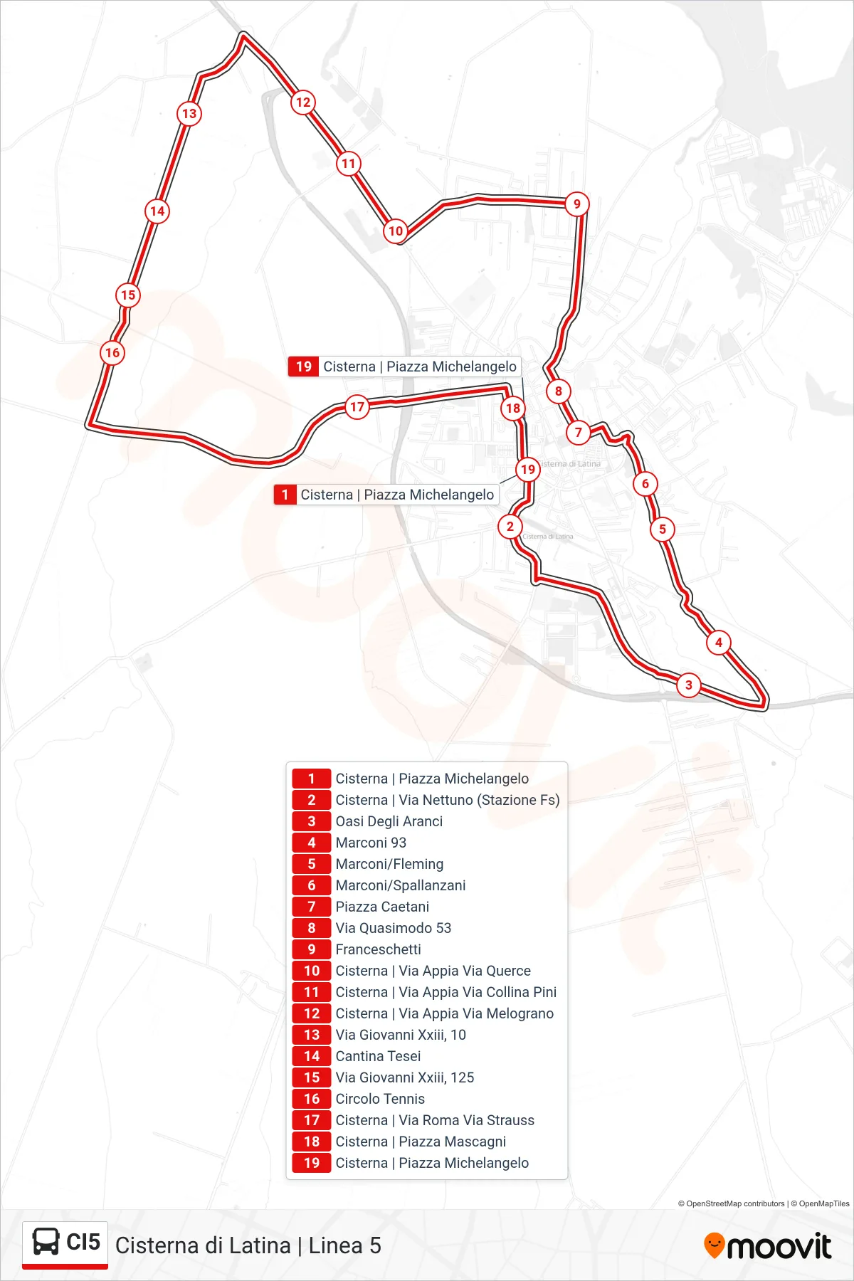 Linea CI5 bus (Cisterna | Piazza Michelangelo) - Percorsi e fermate sulla mappa