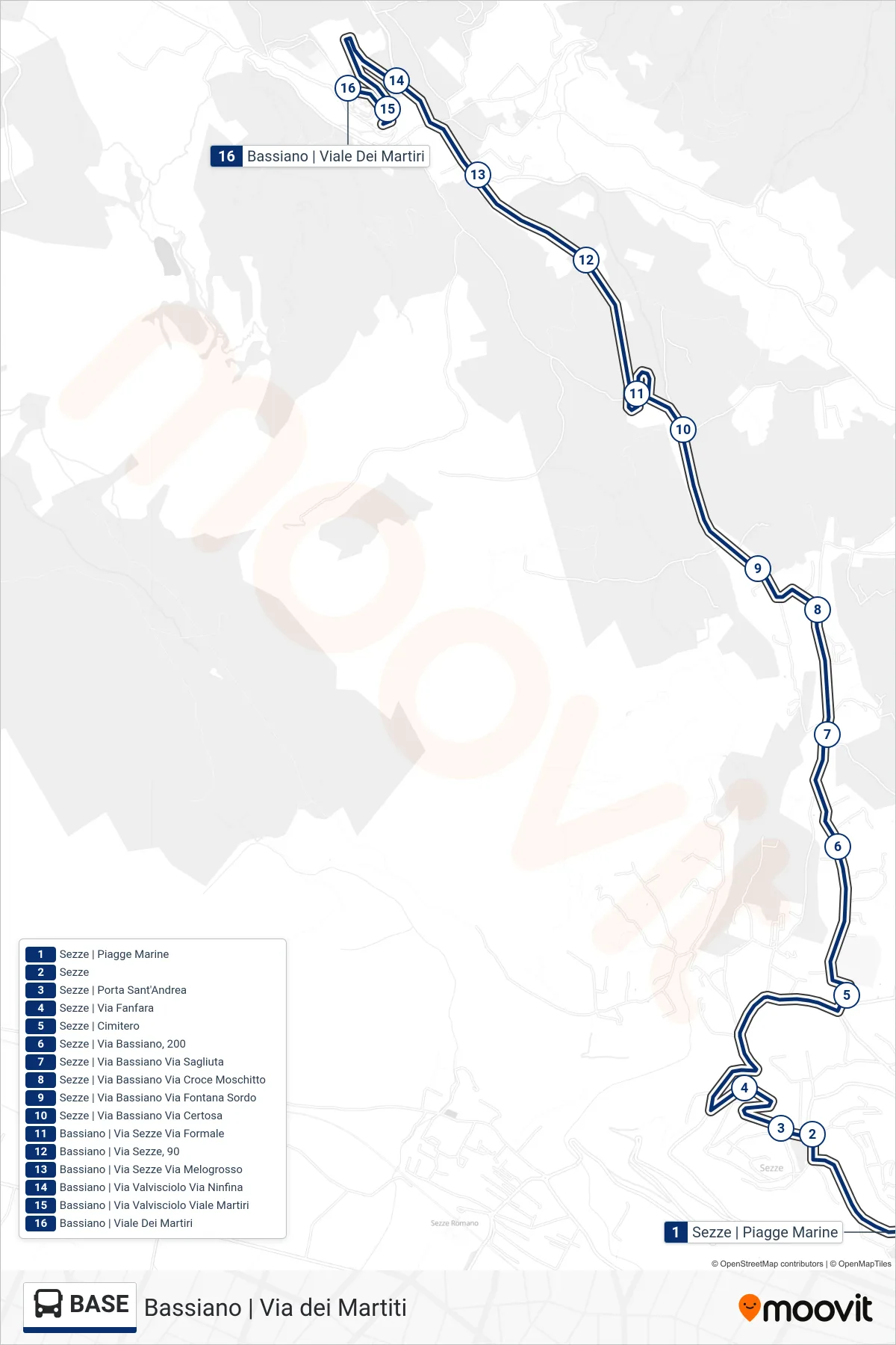 Linea BASE bus (Bassiano | Via dei Martiti) - Percorsi e fermate sulla mappa