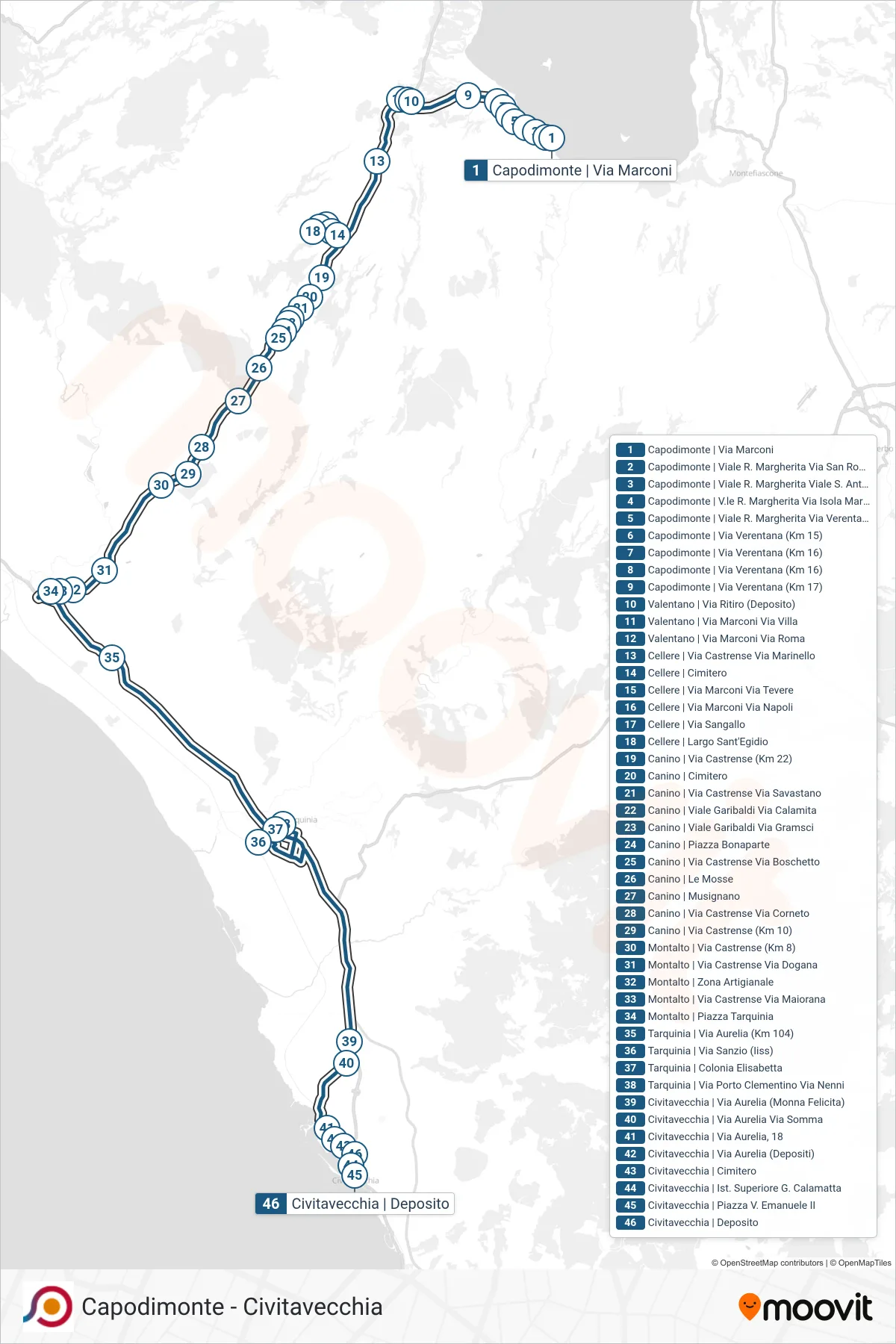 Linea COTRAL bus (Capodimonte | Via Marconi→Civitavecchia | Deposito) - Percorsi e fermate sulla mappa