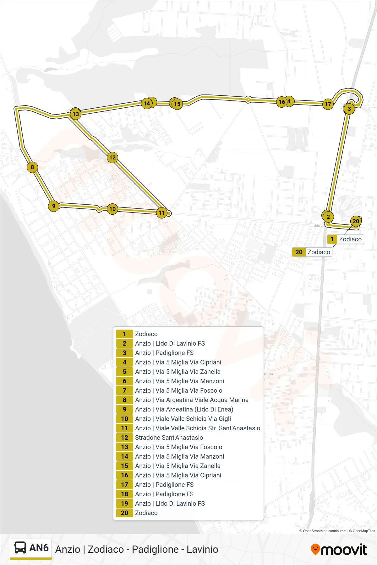 Linea AN6 bus (Zodiaco) - Percorsi e fermate sulla mappa