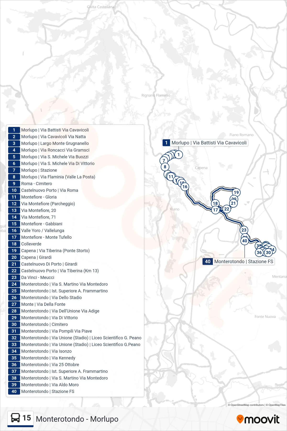 Linea 15 bus (Monterotondo | Stazione FS) - Percorsi e fermate sulla mappa