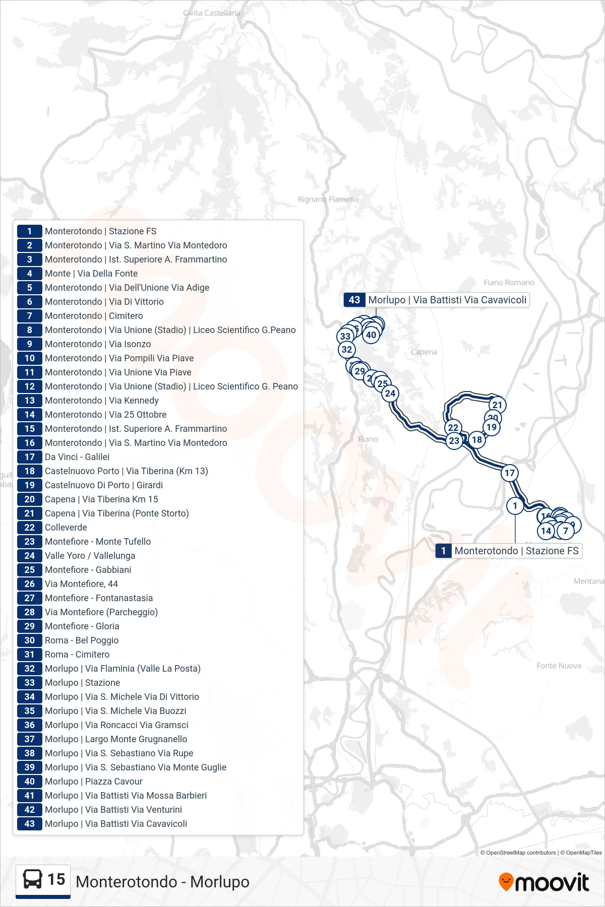 Linea 15 bus (Morlupo | Via Battisti Via Cavavicoli) - Percorsi e fermate sulla mappa