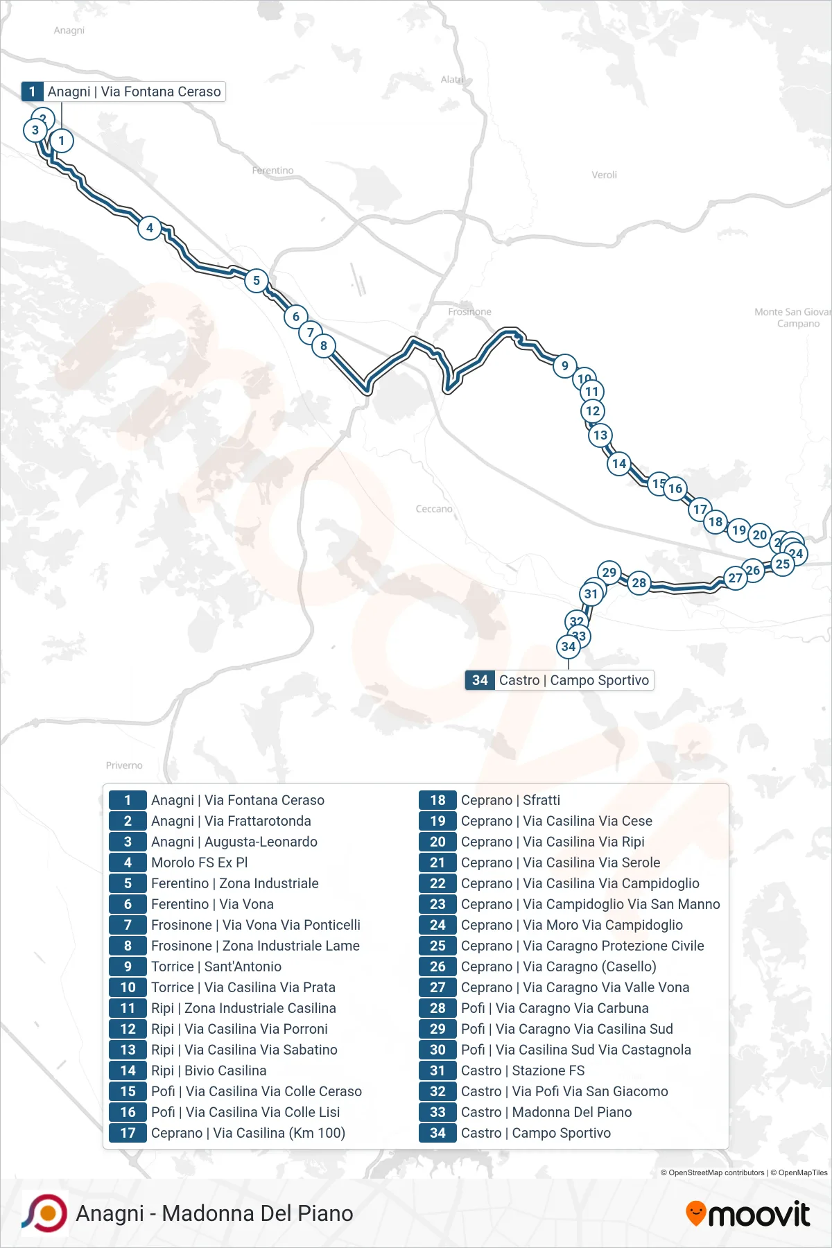 Linea COTRAL bus (Anagni | Via Fontana Ceraso→Castro | Campo Sportivo) - Percorsi e fermate sulla mappa