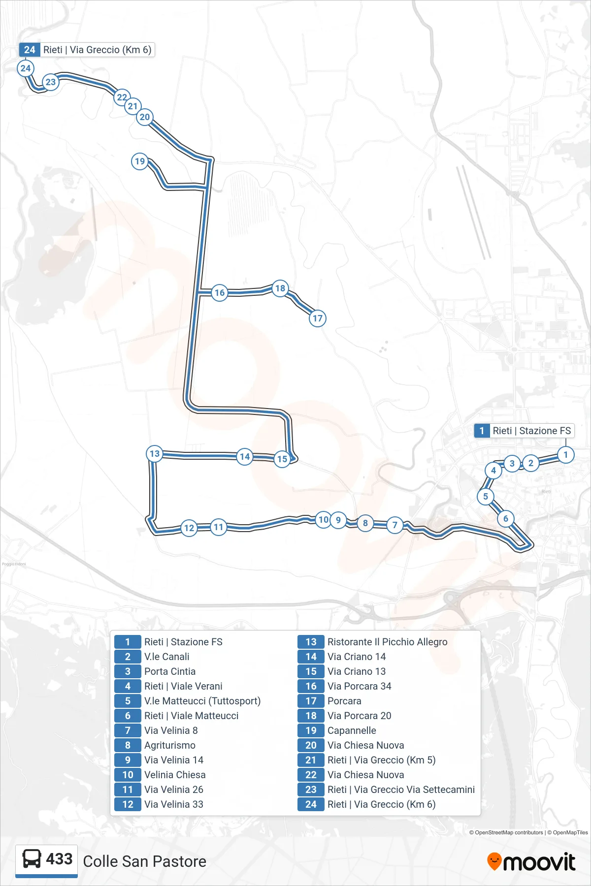 Linea 433  bus (Colle San Pastore) - Percorsi e fermate sulla mappa
