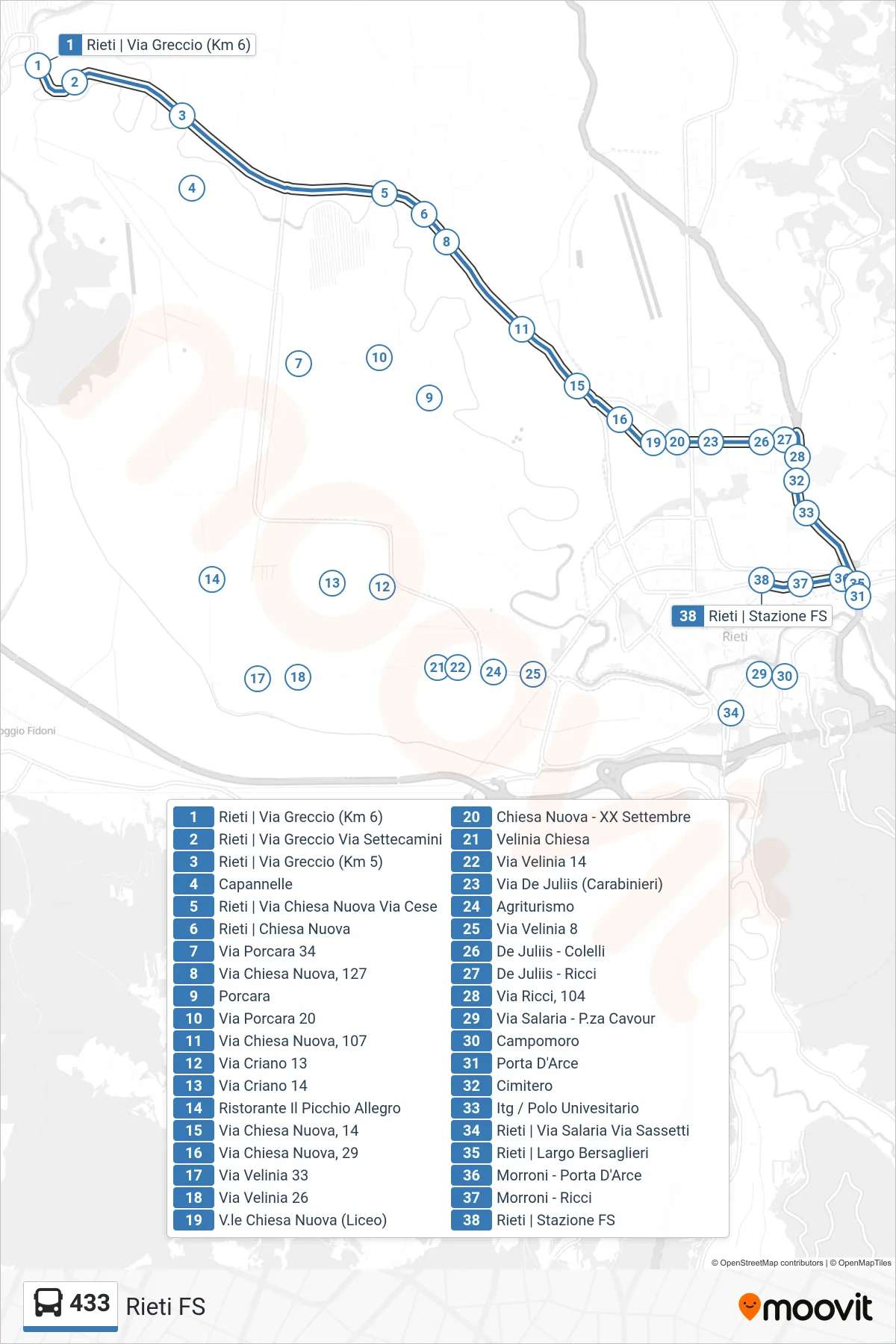 Linea 433  bus (Rieti FS) - Percorsi e fermate sulla mappa