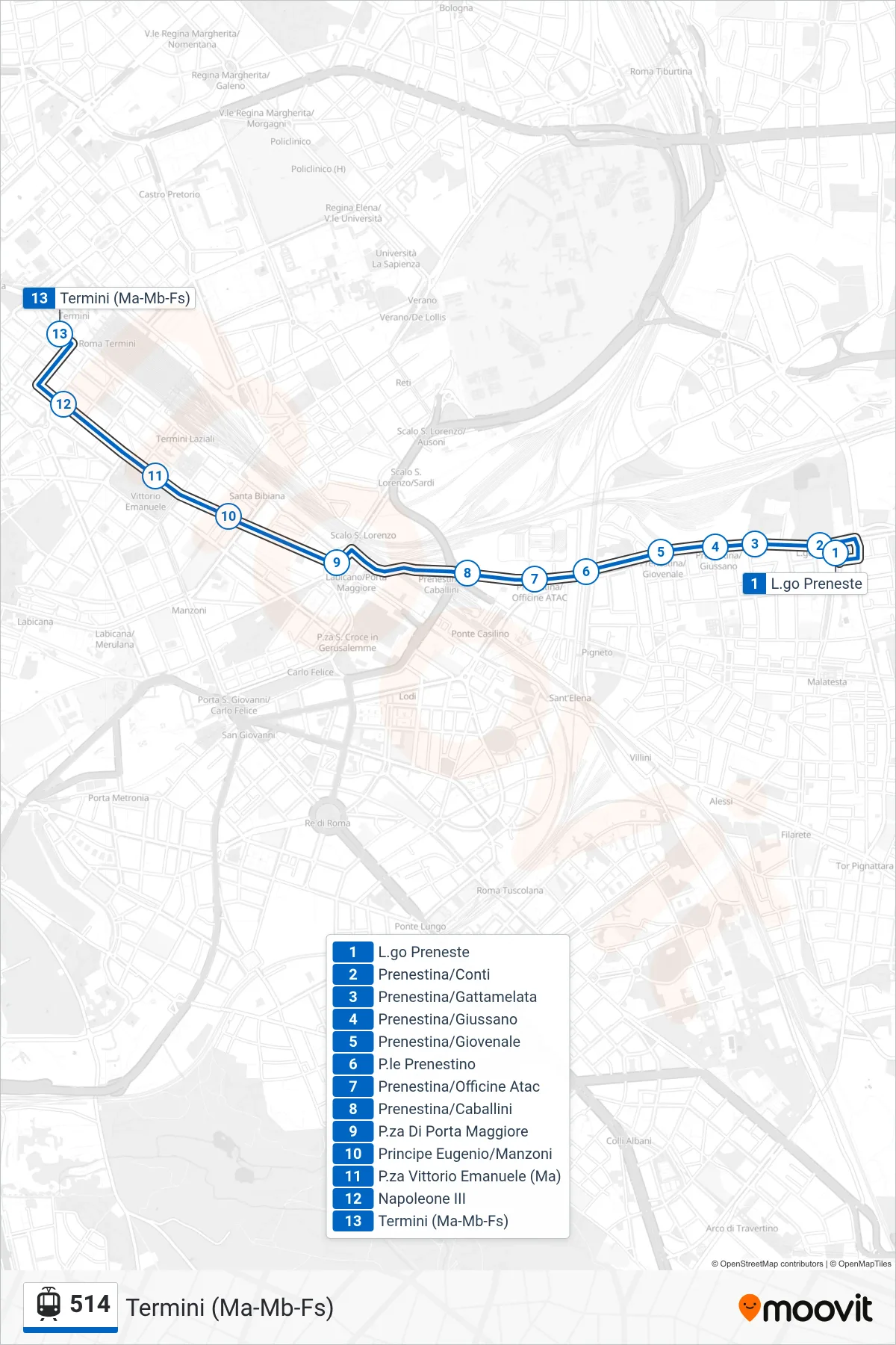 Linea 514  tram (Termini (Ma-Mb-Fs)) - Percorsi e fermate sulla mappa