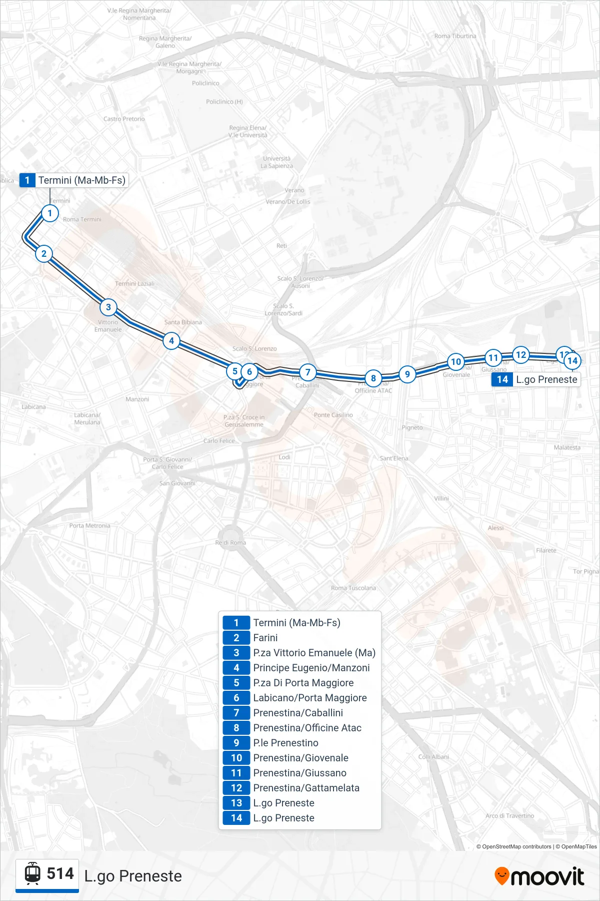 Linea 514  tram (L.go Preneste) - Percorsi e fermate sulla mappa