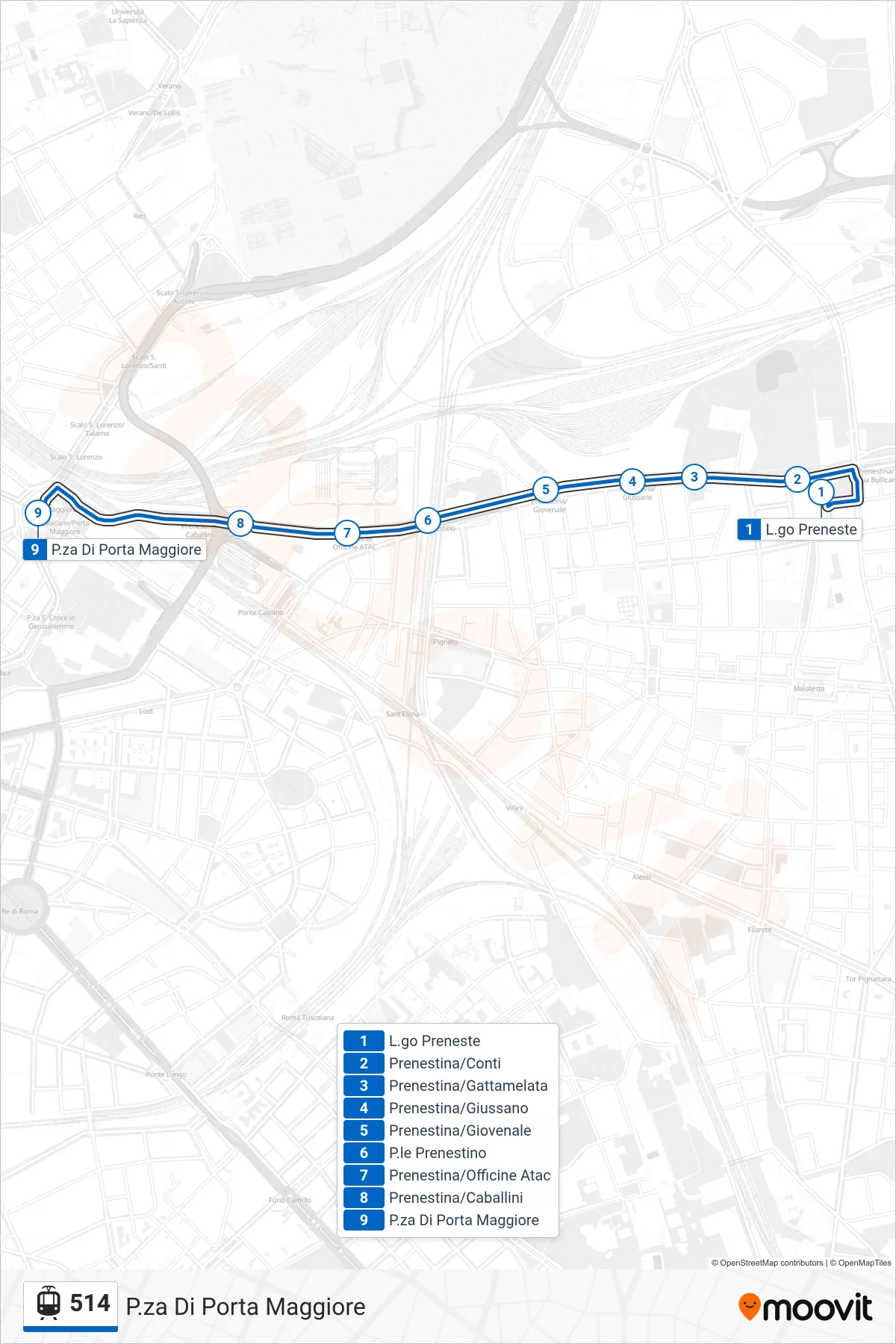 Linea 514  tram (P.za Di Porta Maggiore) - Percorsi e fermate sulla mappa