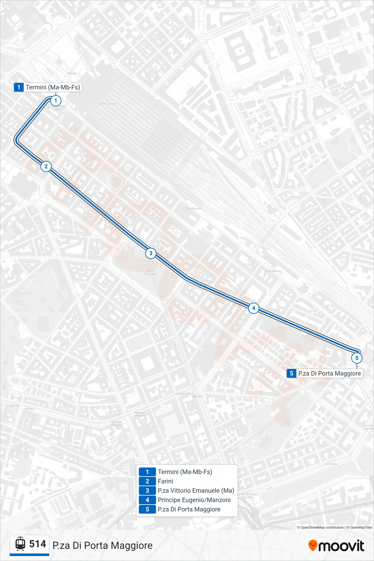 Linea 514  tram (P.za Di Porta Maggiore) - Percorsi e fermate sulla mappa