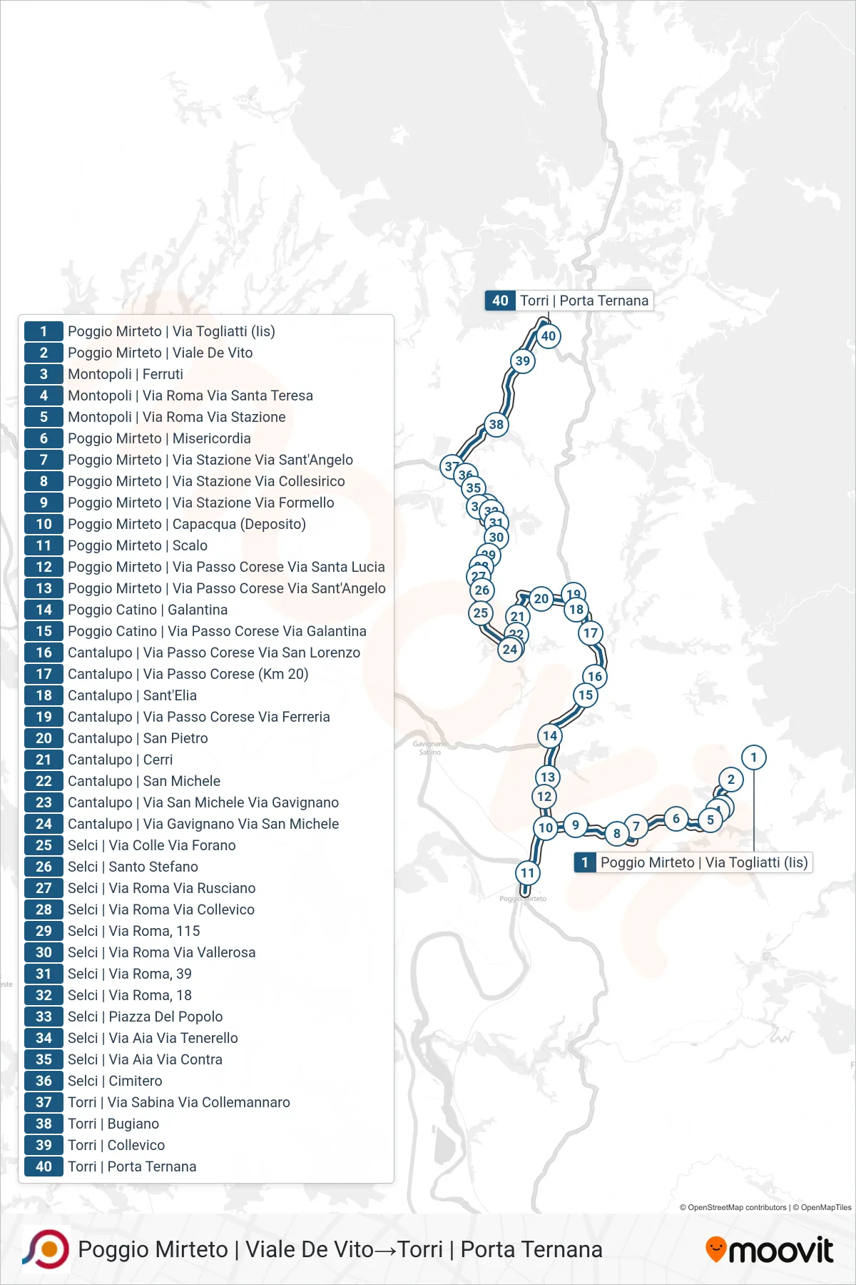 Linea COTRAL bus (Poggio Mirteto | Viale De Vito→Torri | Porta Ternana) - Percorsi e fermate sulla mappa