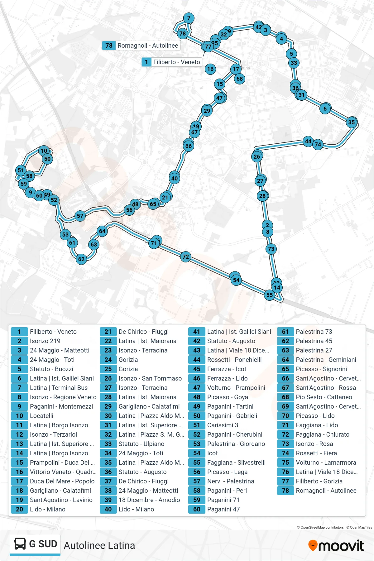Linea G SUD bus (Autolinee Latina) - Percorsi e fermate sulla mappa