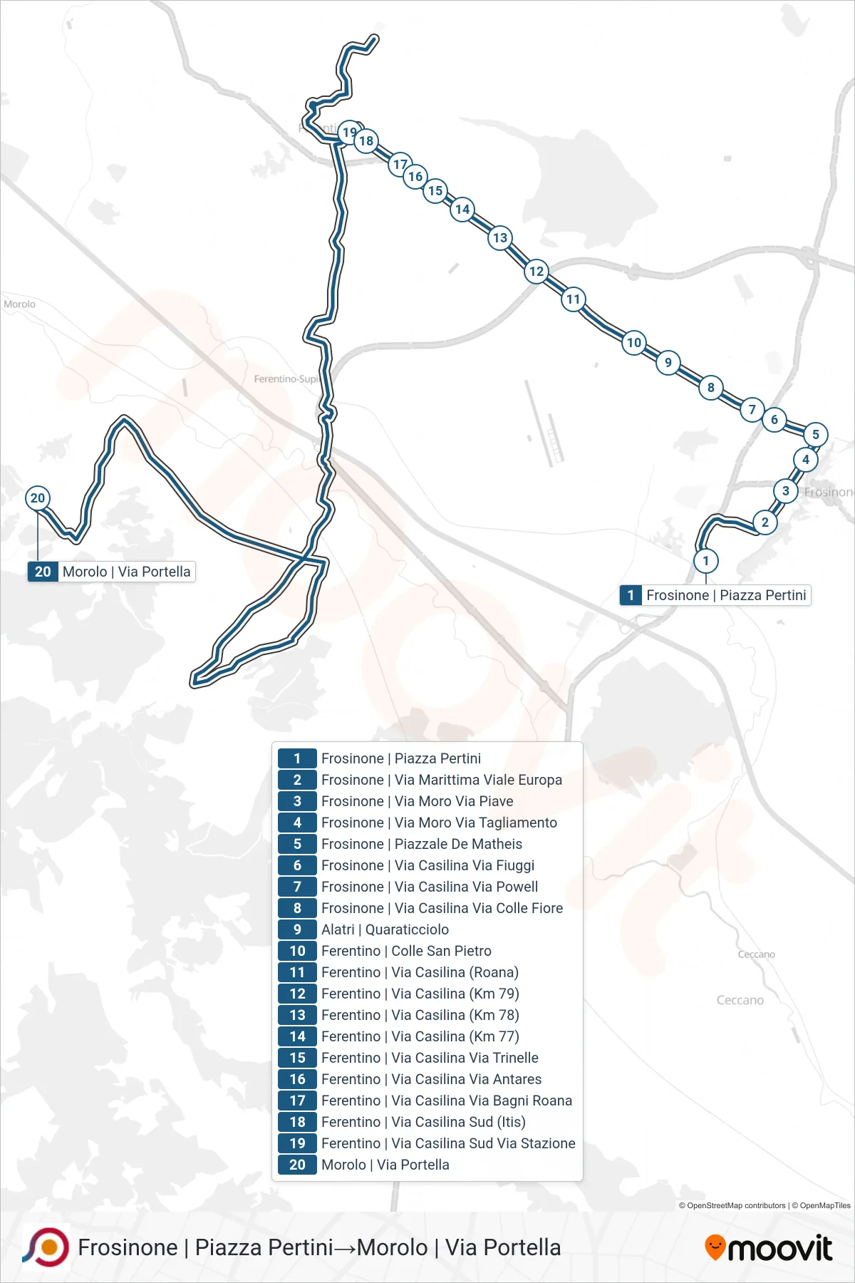 Linea COTRAL bus (Frosinone | Piazza Pertini→Morolo | Via Portella) - Percorsi e fermate sulla mappa