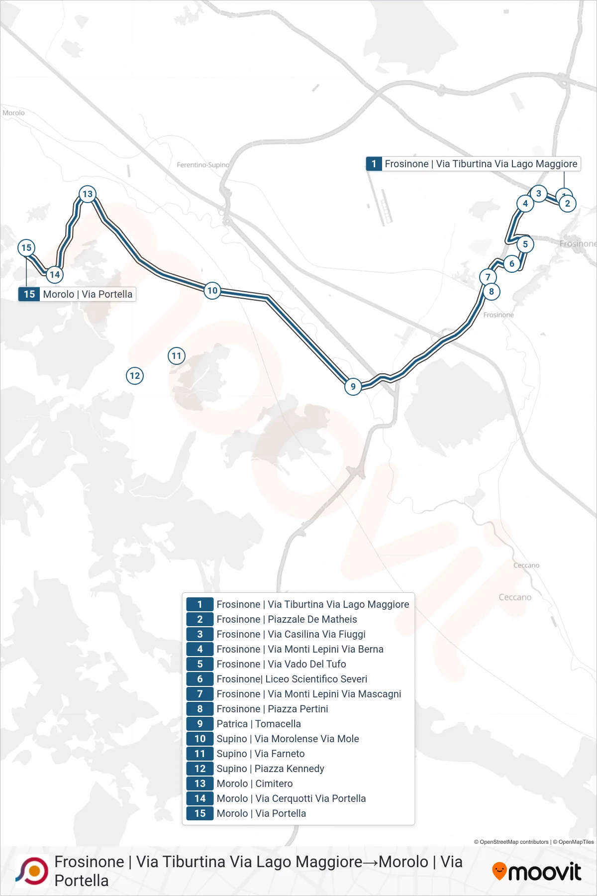 Linea COTRAL bus (Frosinone | Via Tiburtina Via Lago Maggiore→Morolo | Via Portella) - Percorsi e fermate sulla mappa