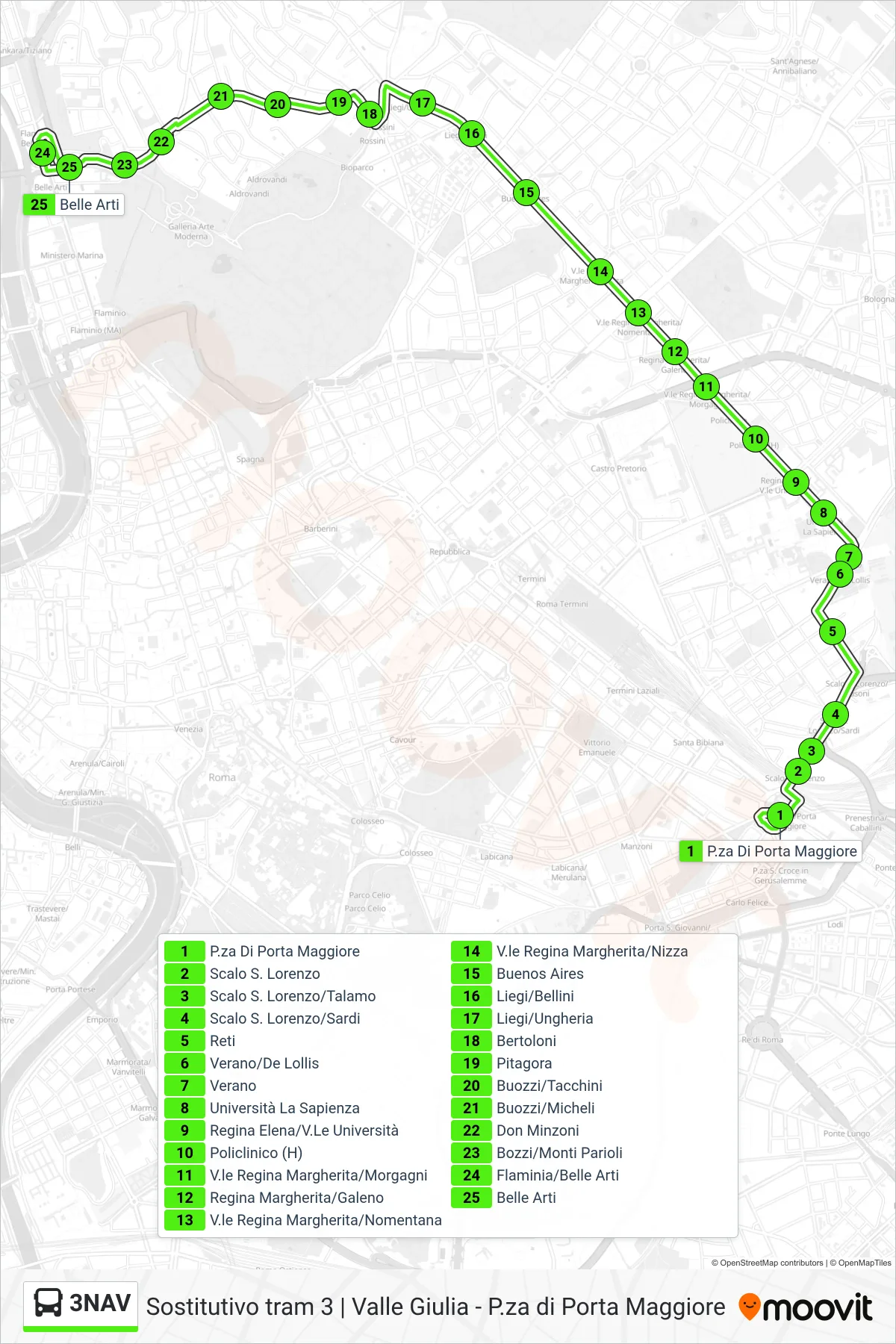 Linea 3NAV bus (Belle Arti) - Percorsi e fermate sulla mappa