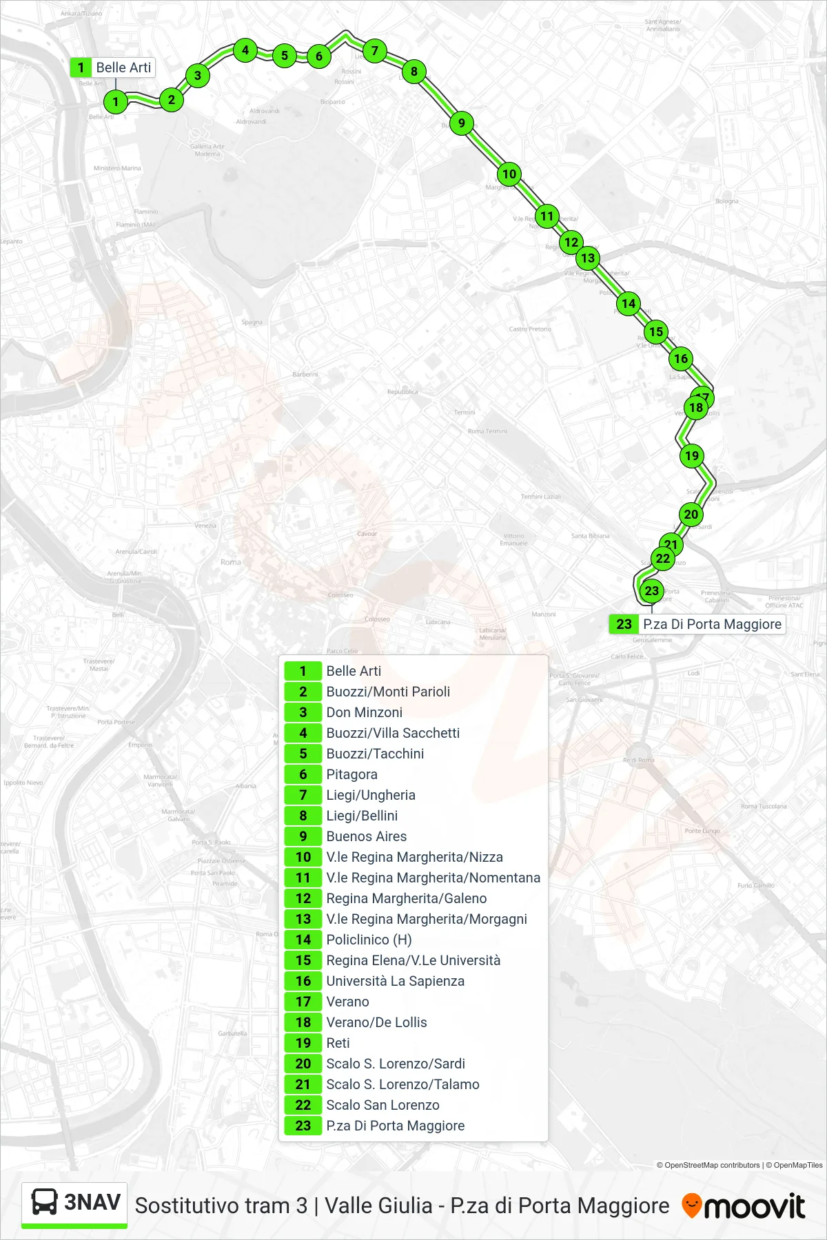 Linea 3NAV bus (P.za Di Porta Maggiore) - Percorsi e fermate sulla mappa