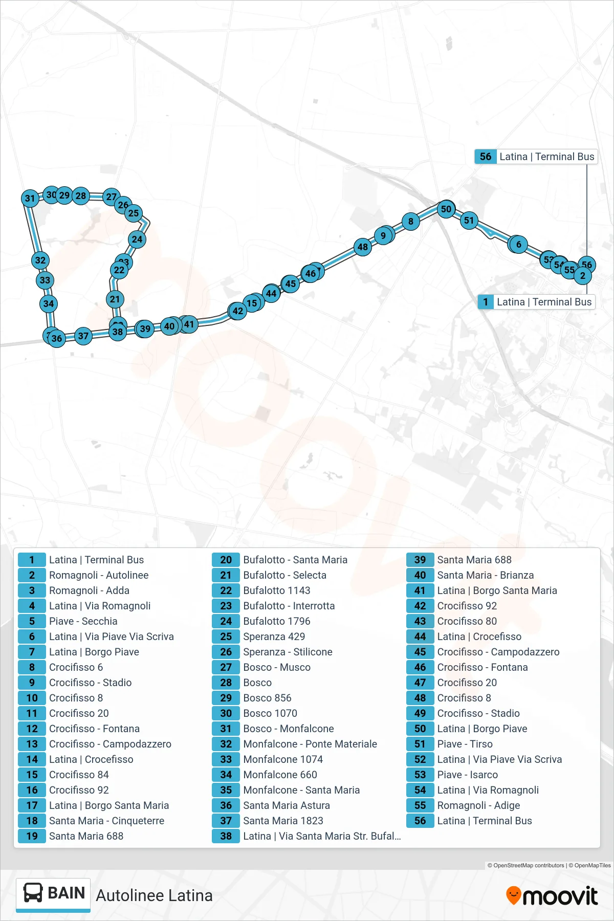 Linea BAIN bus (Autolinee Latina) - Percorsi e fermate sulla mappa