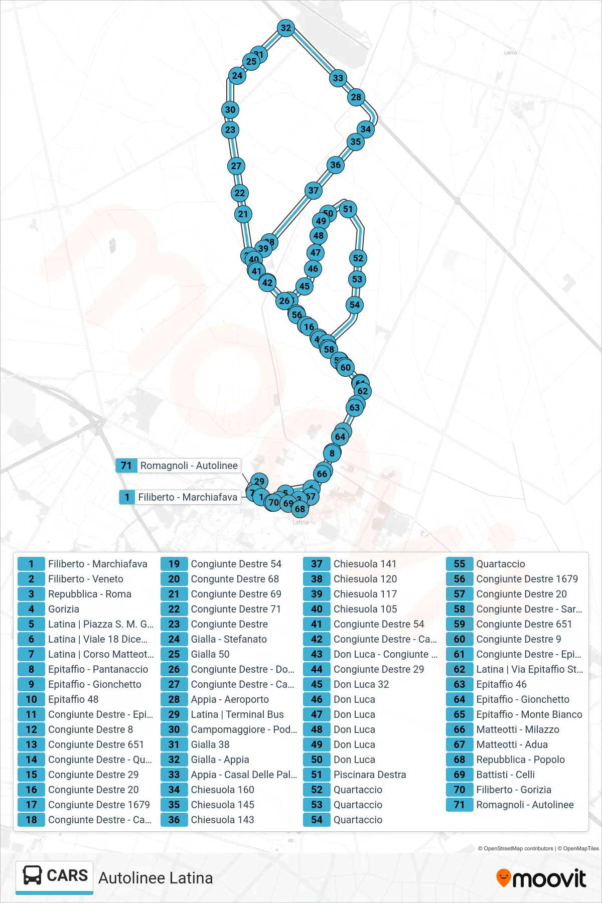 Linea CARS bus (Autolinee Latina) - Percorsi e fermate sulla mappa