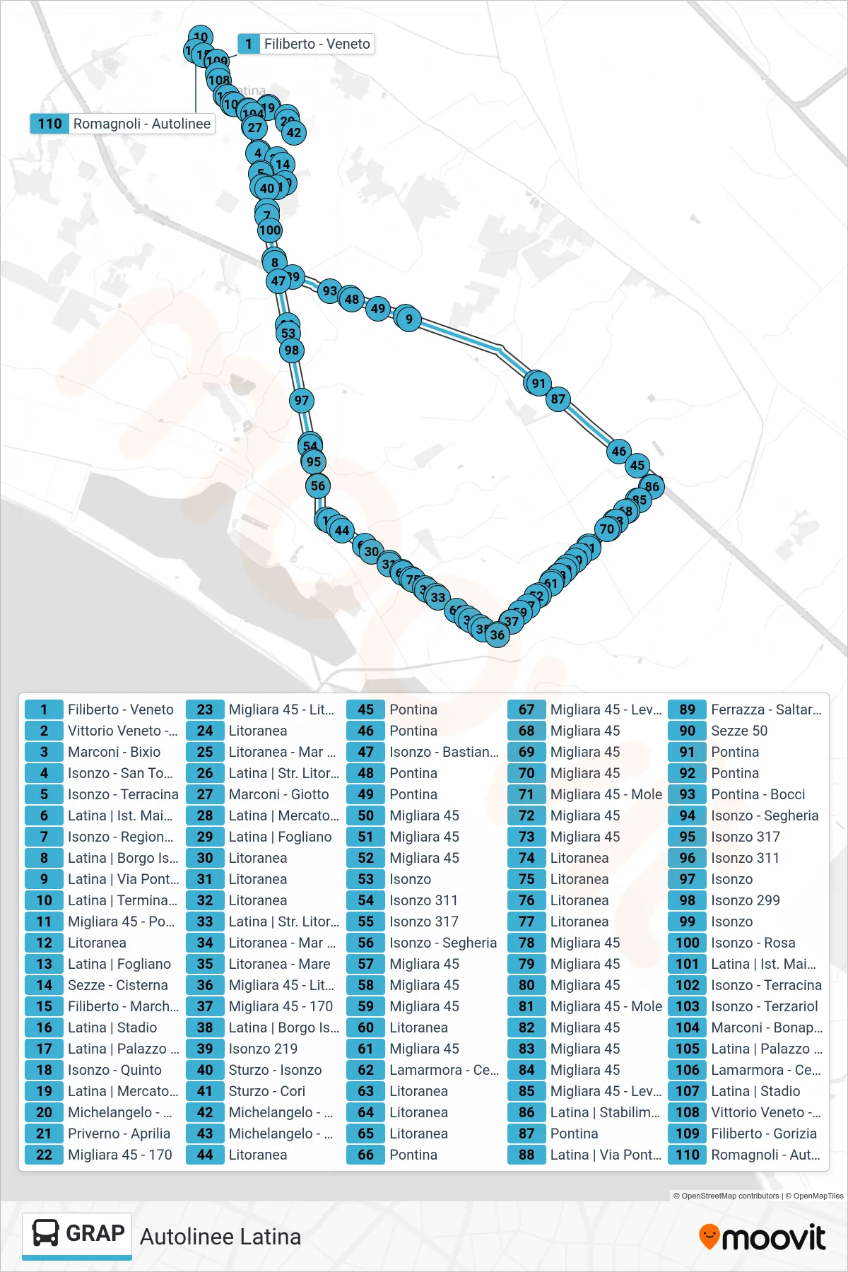 Linea GRAP bus (Autolinee Latina) - Percorsi e fermate sulla mappa