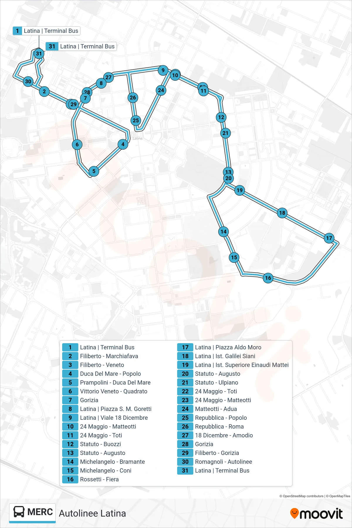 Linea MERC bus (Autolinee Latina) - Percorsi e fermate sulla mappa