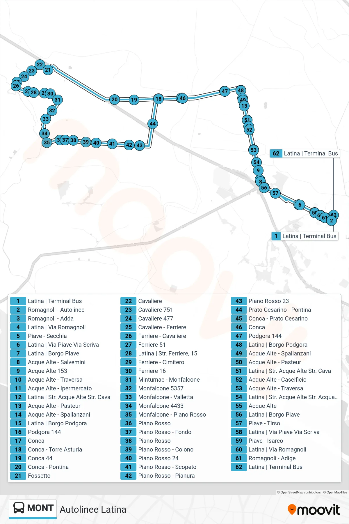 Linea MONT bus (Autolinee Latina) - Percorsi e fermate sulla mappa