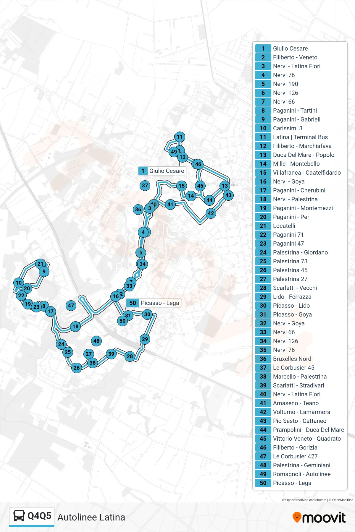 Linea Q4Q5 bus (Autolinee Latina) - Percorsi e fermate sulla mappa