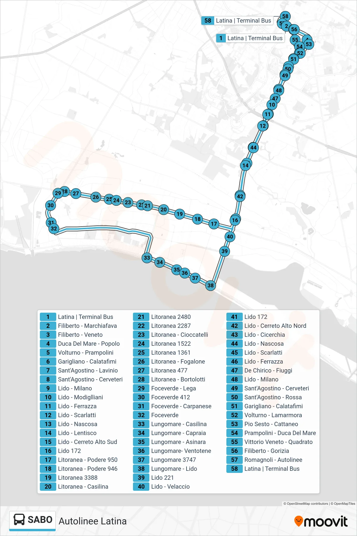 Linea SABO bus (Autolinee Latina) - Percorsi e fermate sulla mappa