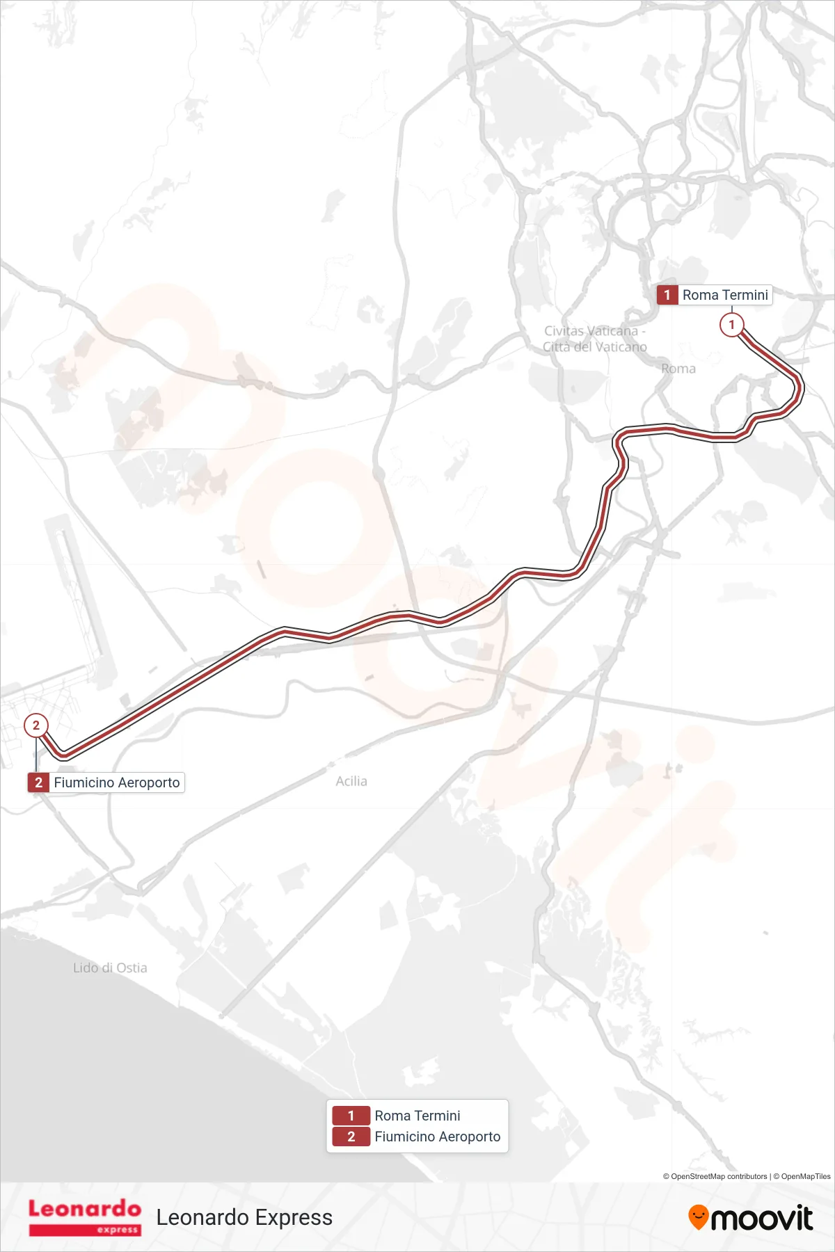 FCO train Line (Fiumicino Airport) route and stops on a map