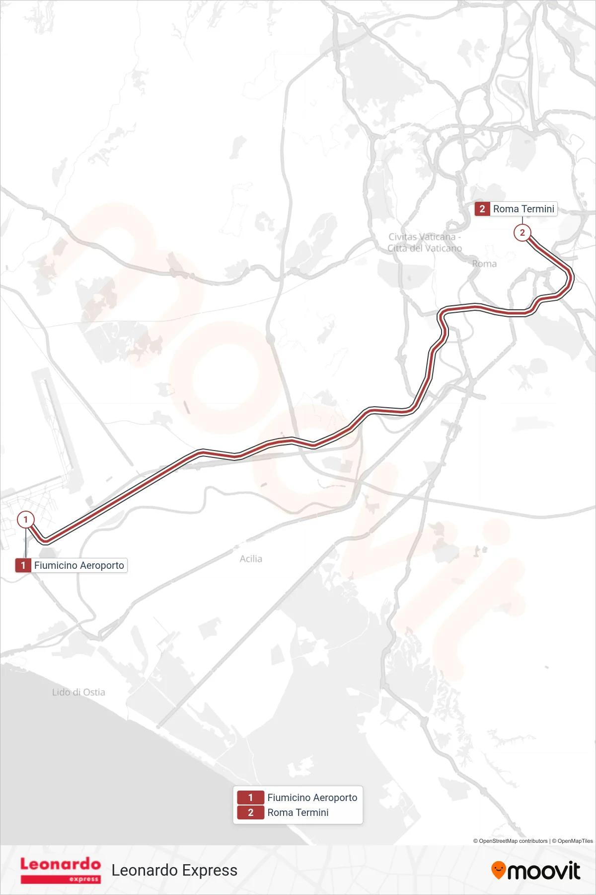 FCO train Line (Roma Termini) route and stops on a map