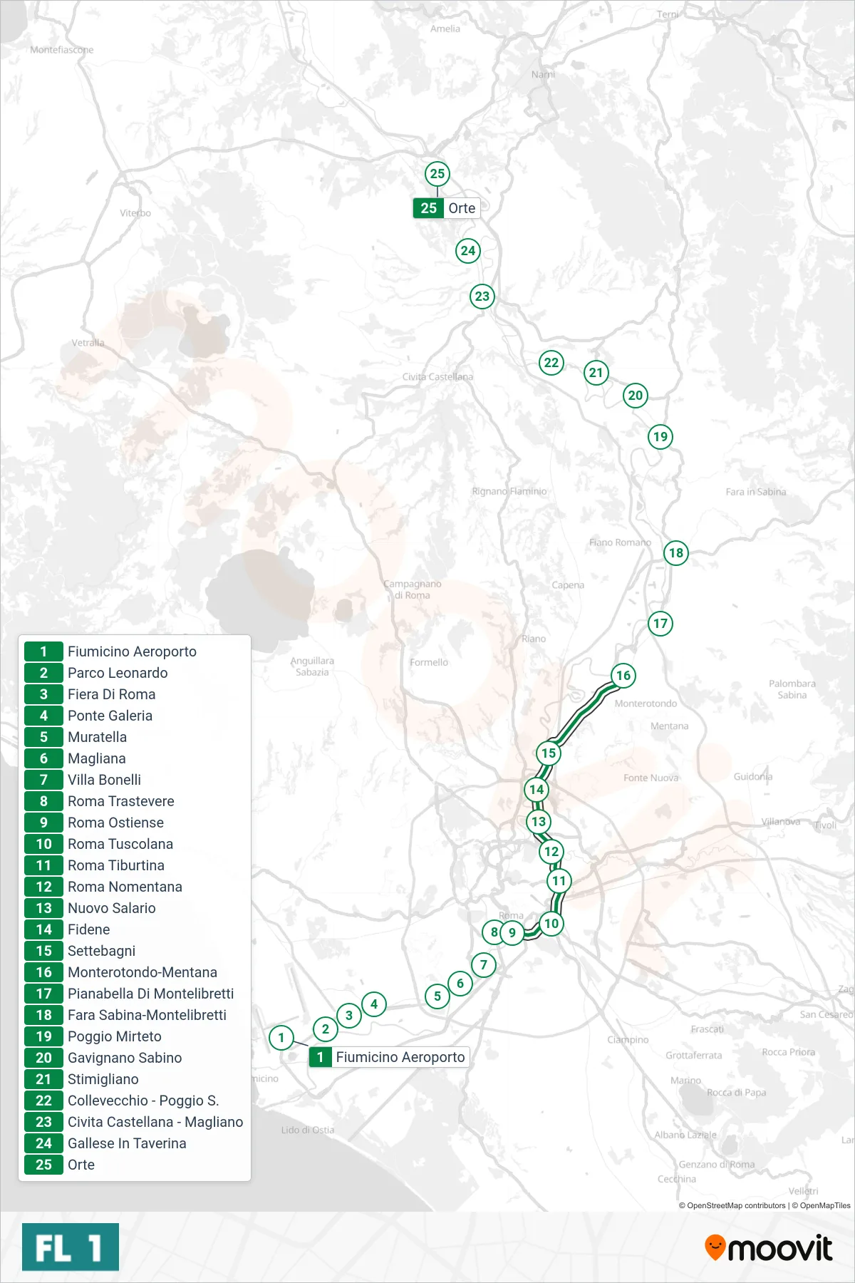 Linea FL1 treno (Fara S./Poggio M./Orte) - Percorsi e fermate sulla mappa