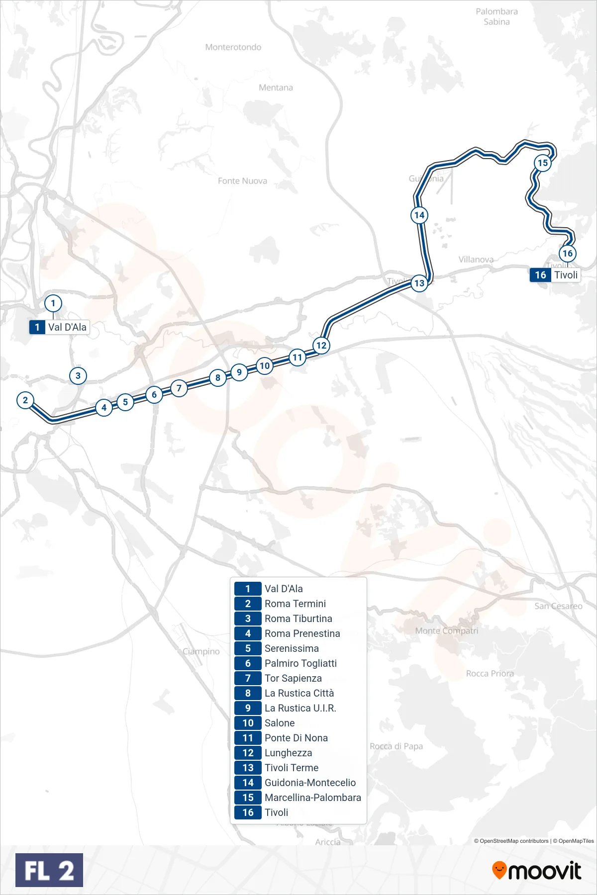 Linea FL2 treno (Tivoli) - Percorsi e fermate sulla mappa