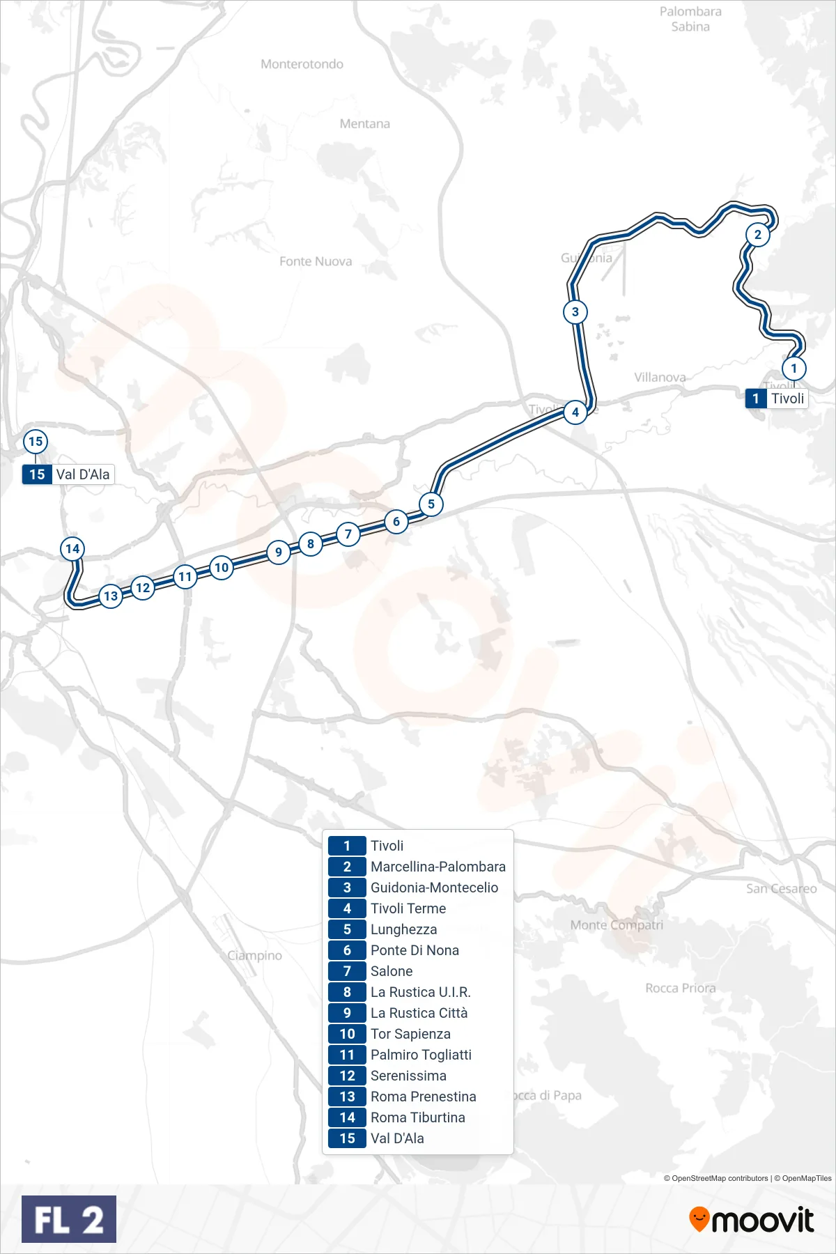 Linea FL2 treno (Roma) - Percorsi e fermate sulla mappa