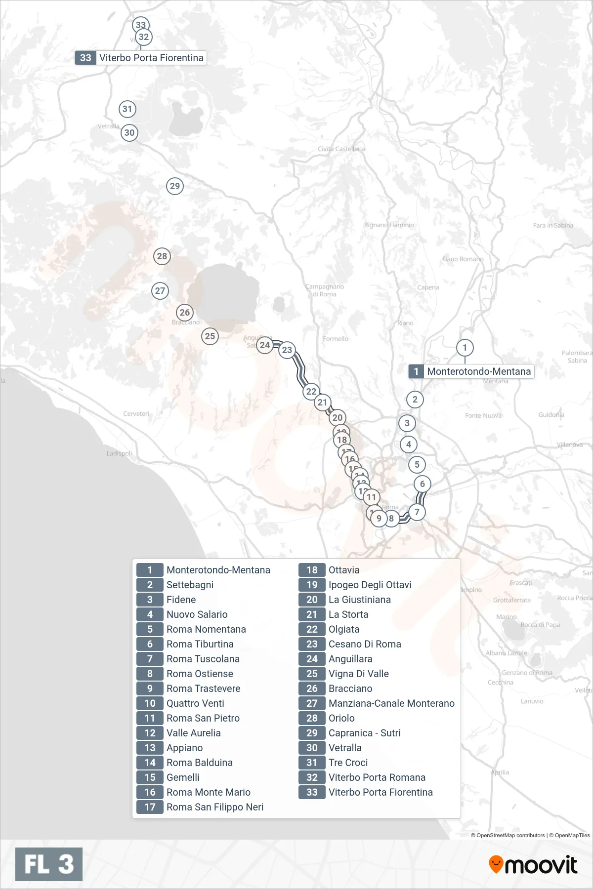 Linea FL3 treno (Viterbo) - Percorsi e fermate sulla mappa