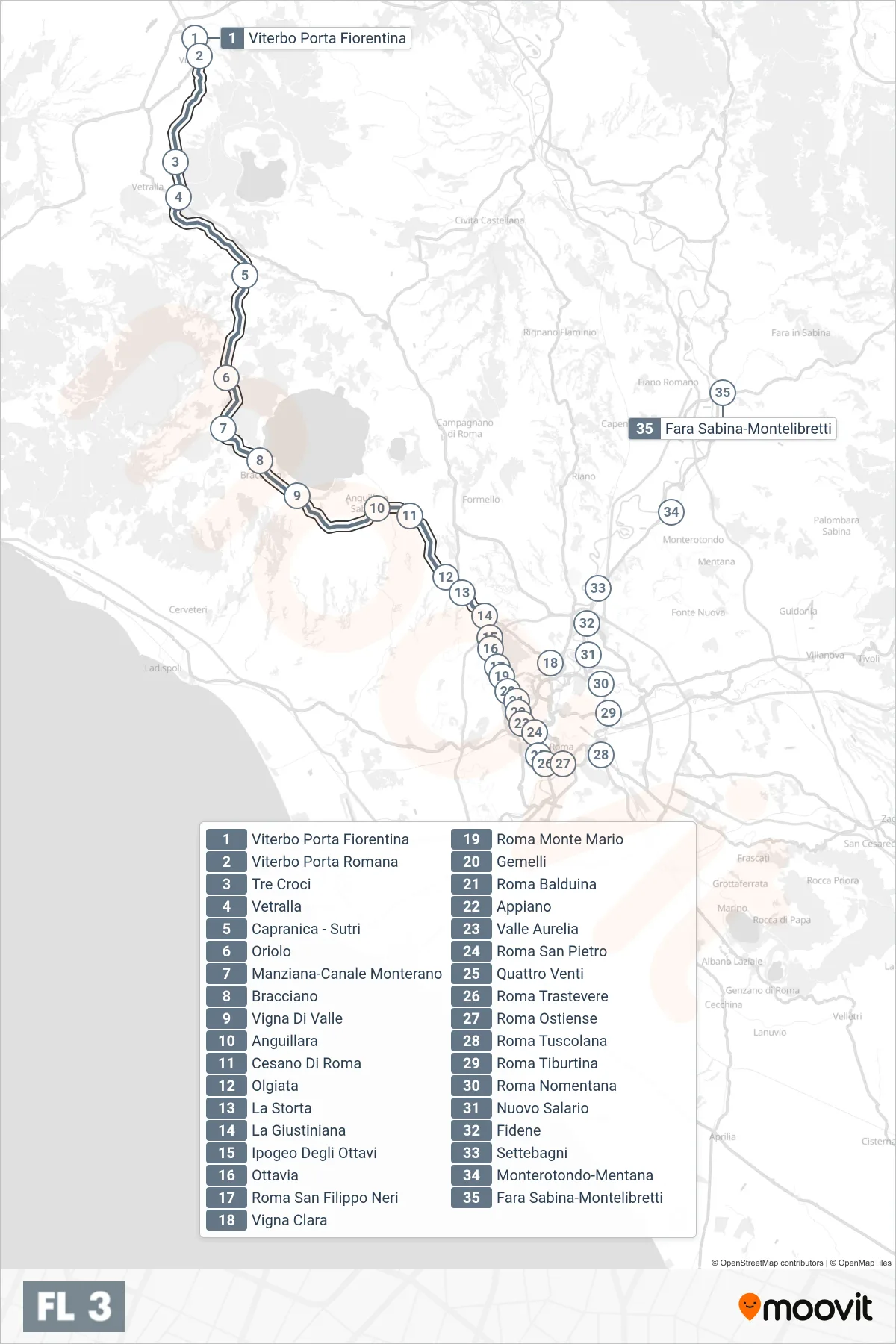 Linea FL3 treno (Roma/Monterotondo) - Percorsi e fermate sulla mappa