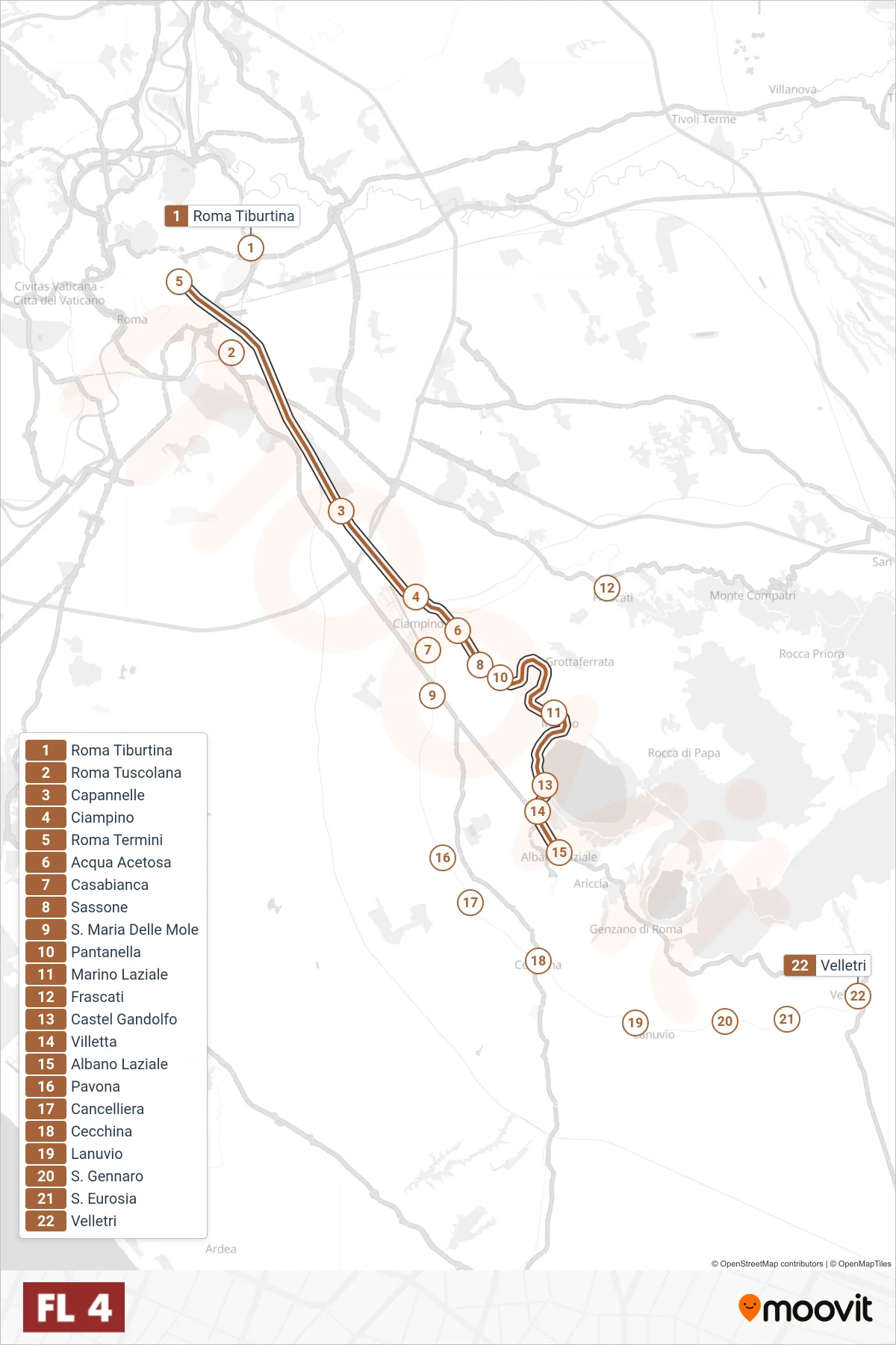 Linea FL4 treno (Frascati/Albano/Velletri) - Percorsi e fermate sulla mappa