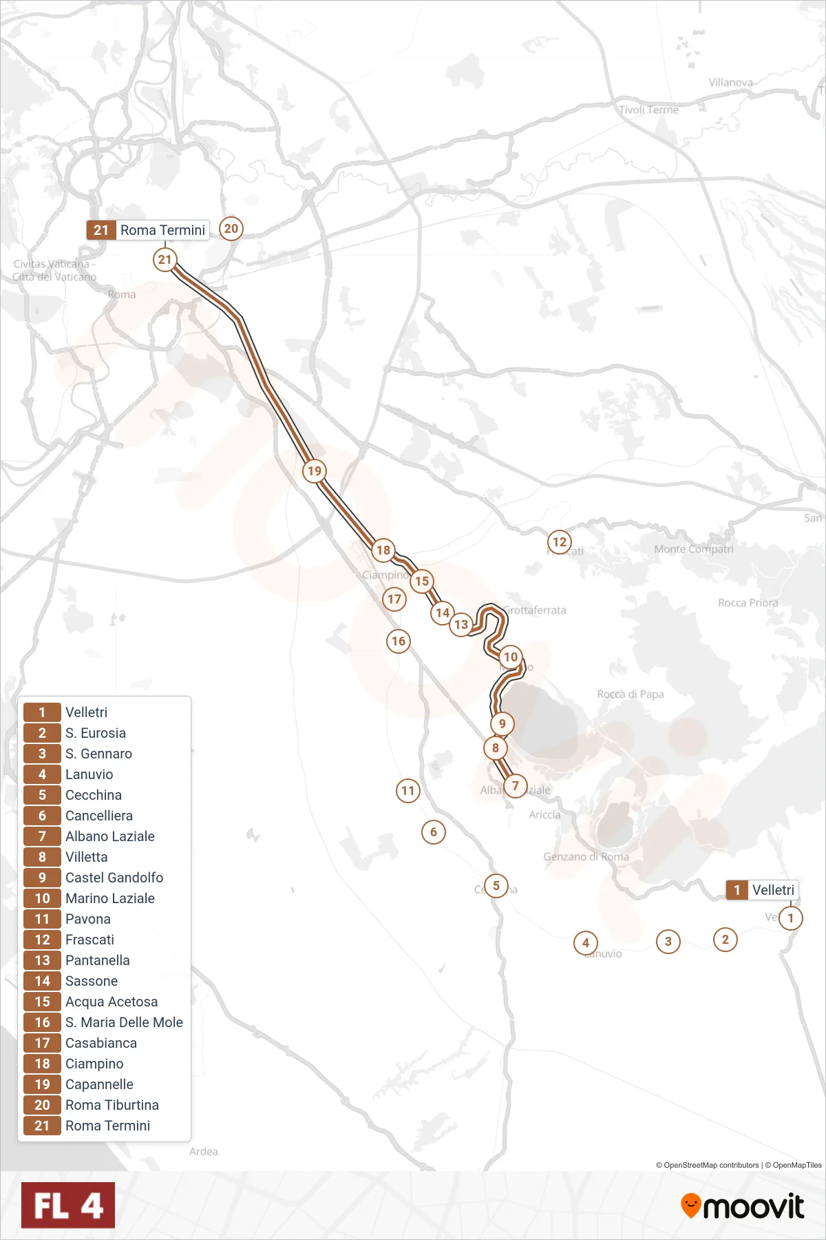 Linea FL4 treno (Roma) - Percorsi e fermate sulla mappa
