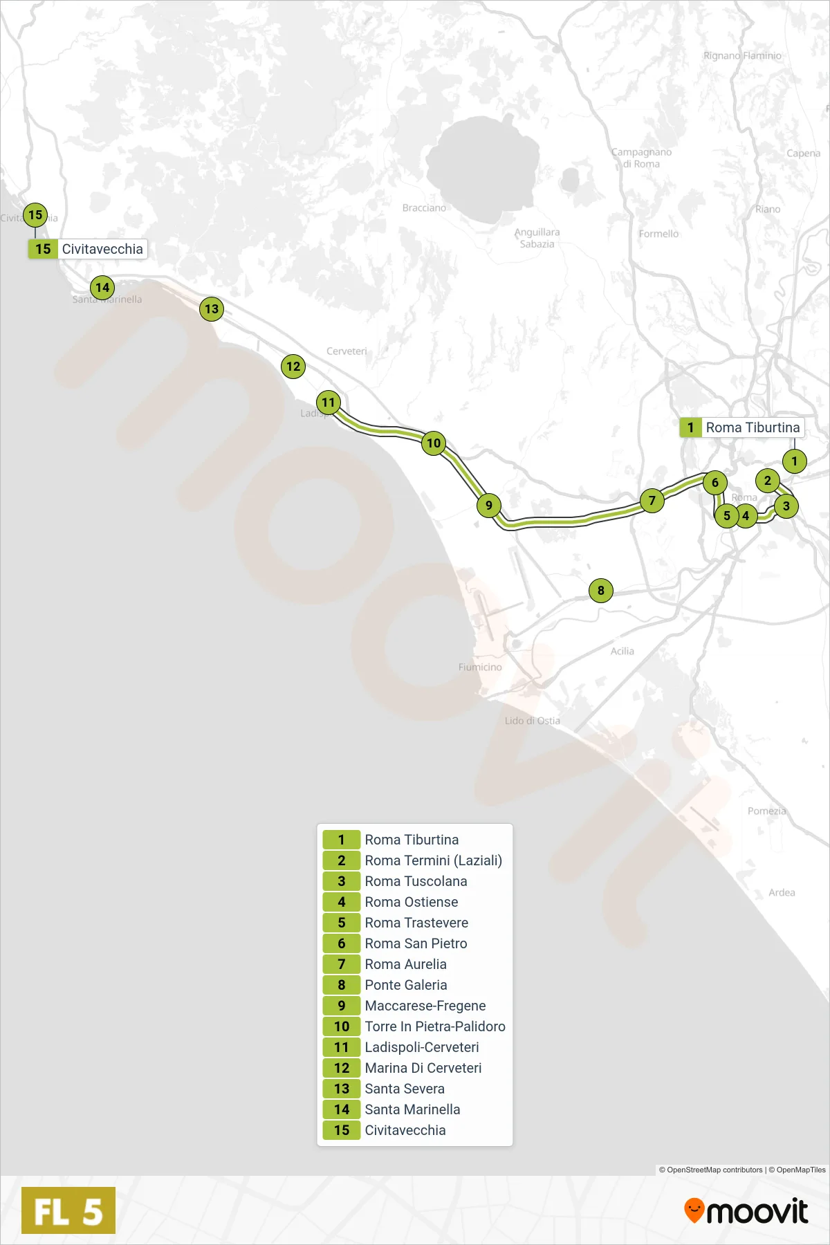 Linea FL5 treno (Civitavecchia) - Percorsi e fermate sulla mappa