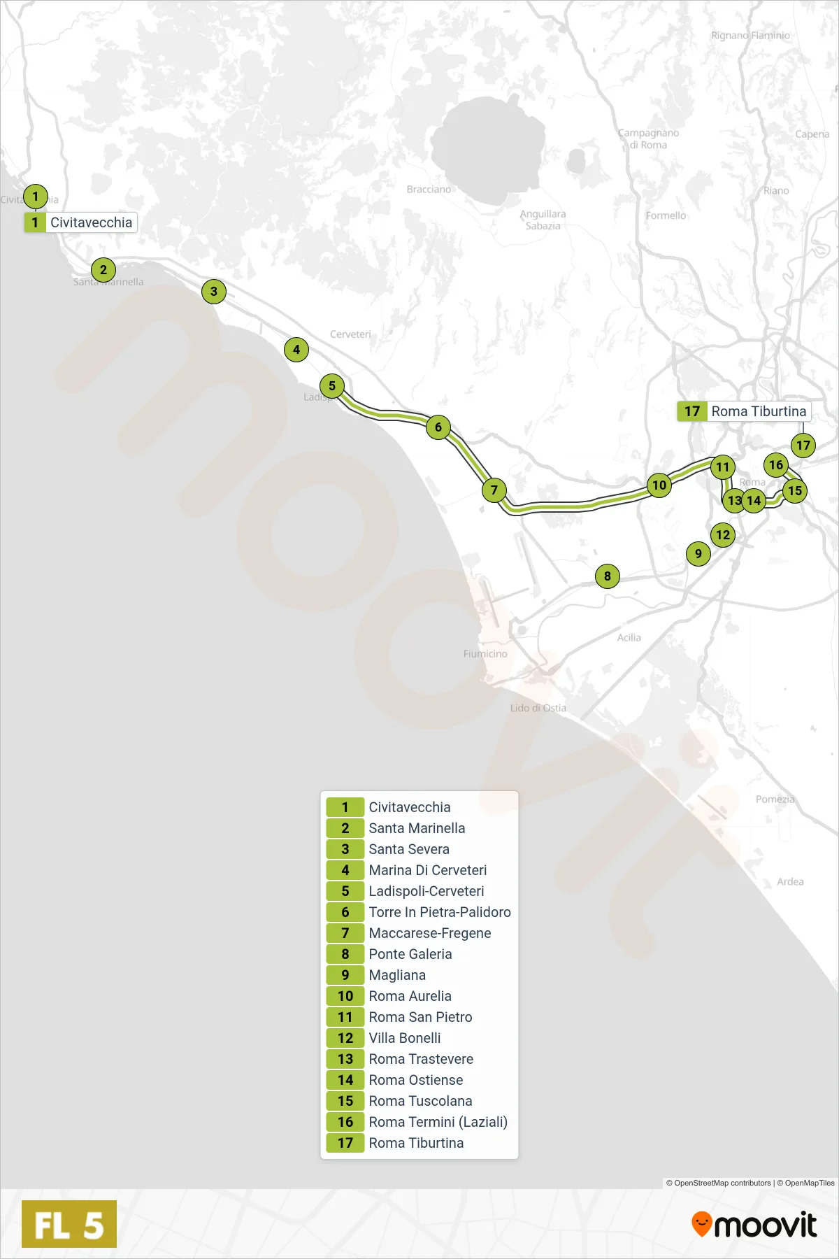 Linea FL5 treno (Roma) - Percorsi e fermate sulla mappa