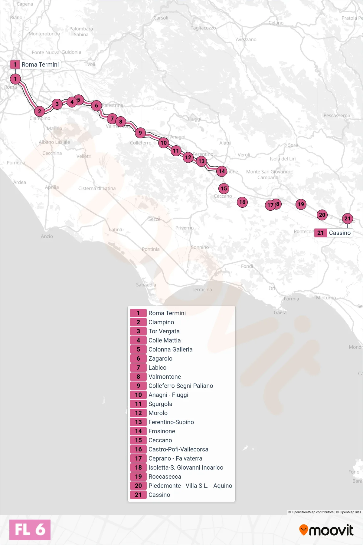 Linea FL6 treno (Cassino) - Percorsi e fermate sulla mappa