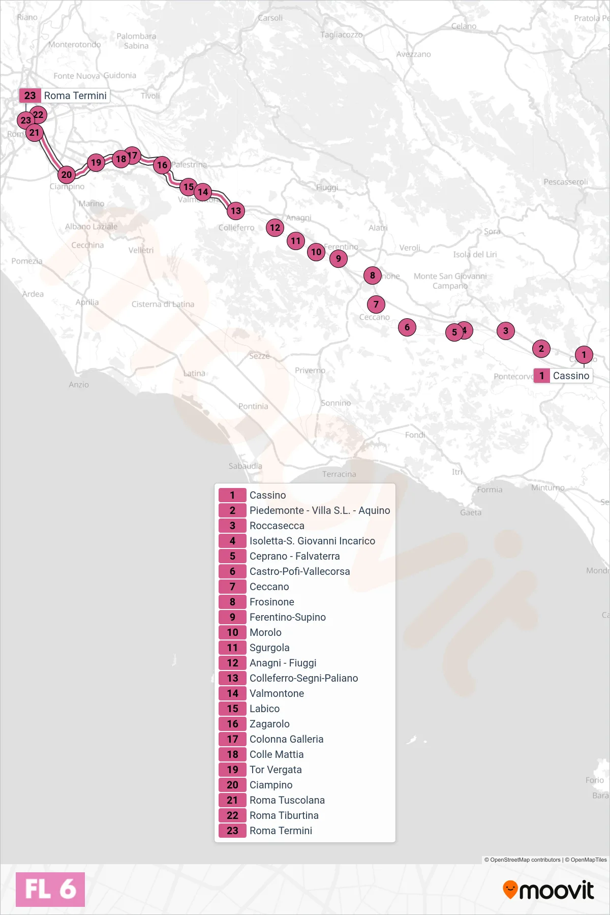 Linea FL6 treno (Roma) - Percorsi e fermate sulla mappa