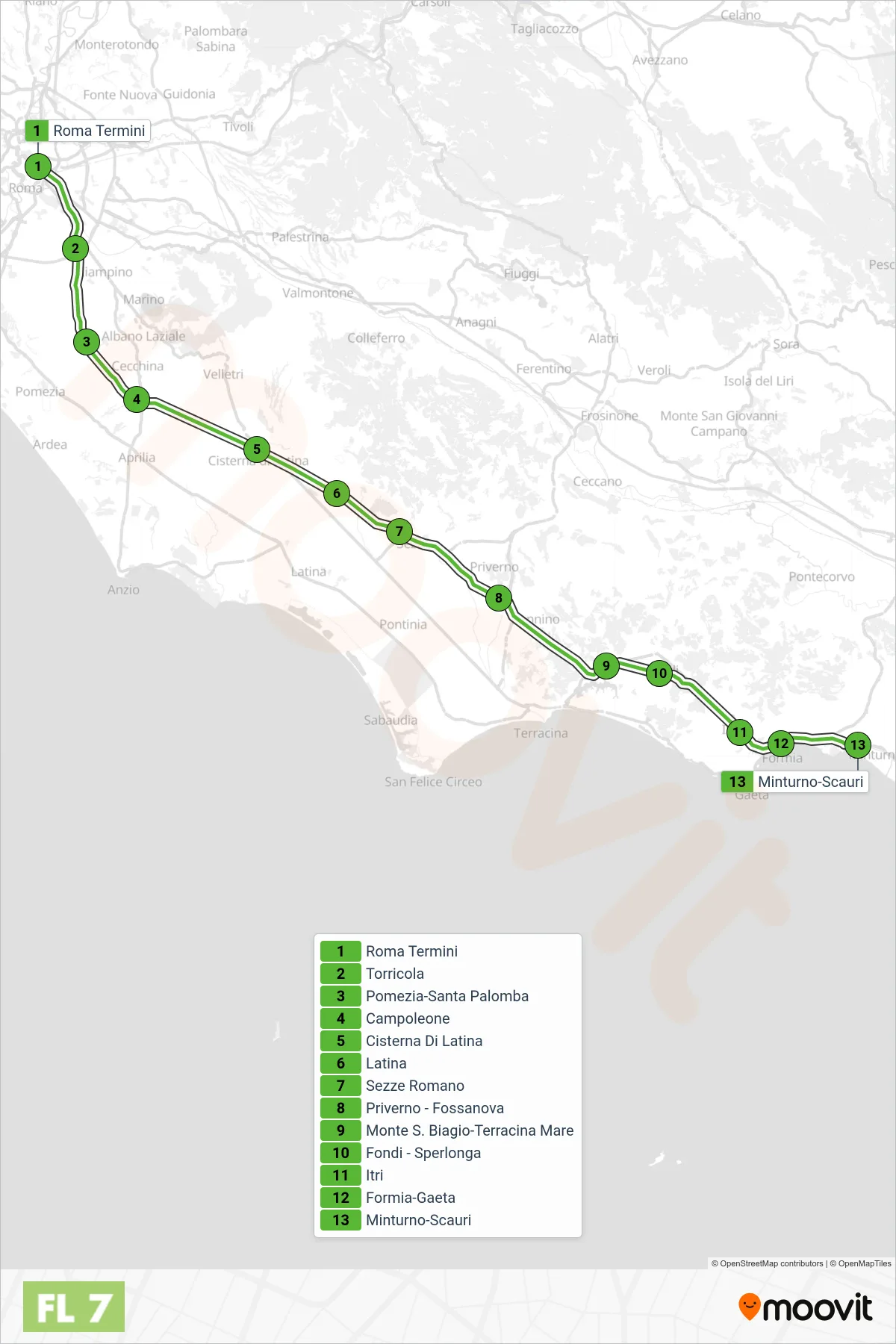 Linea FL7 treno (Minturno-Scauri) - Percorsi e fermate sulla mappa