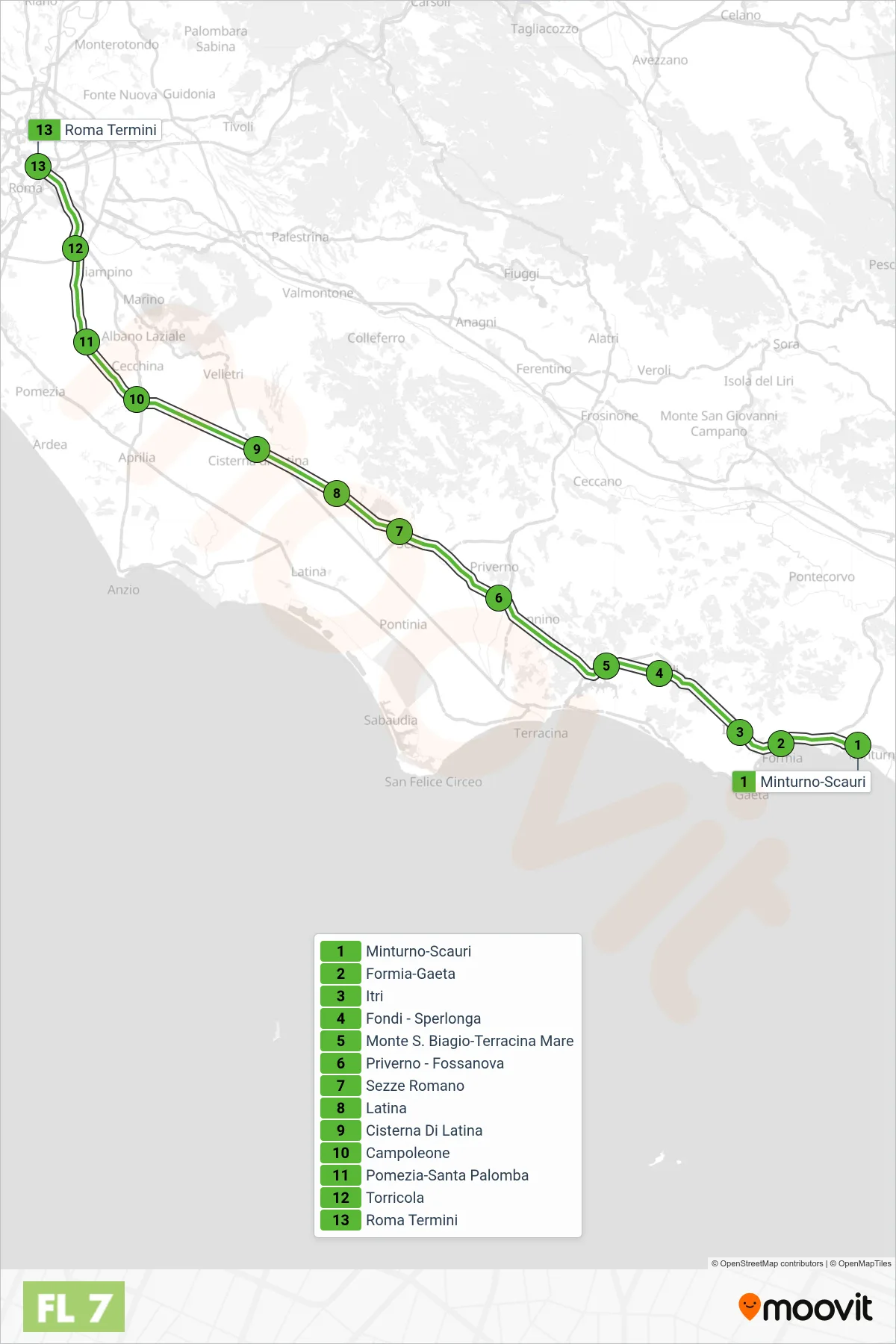 Linea FL7 treno (Roma) - Percorsi e fermate sulla mappa